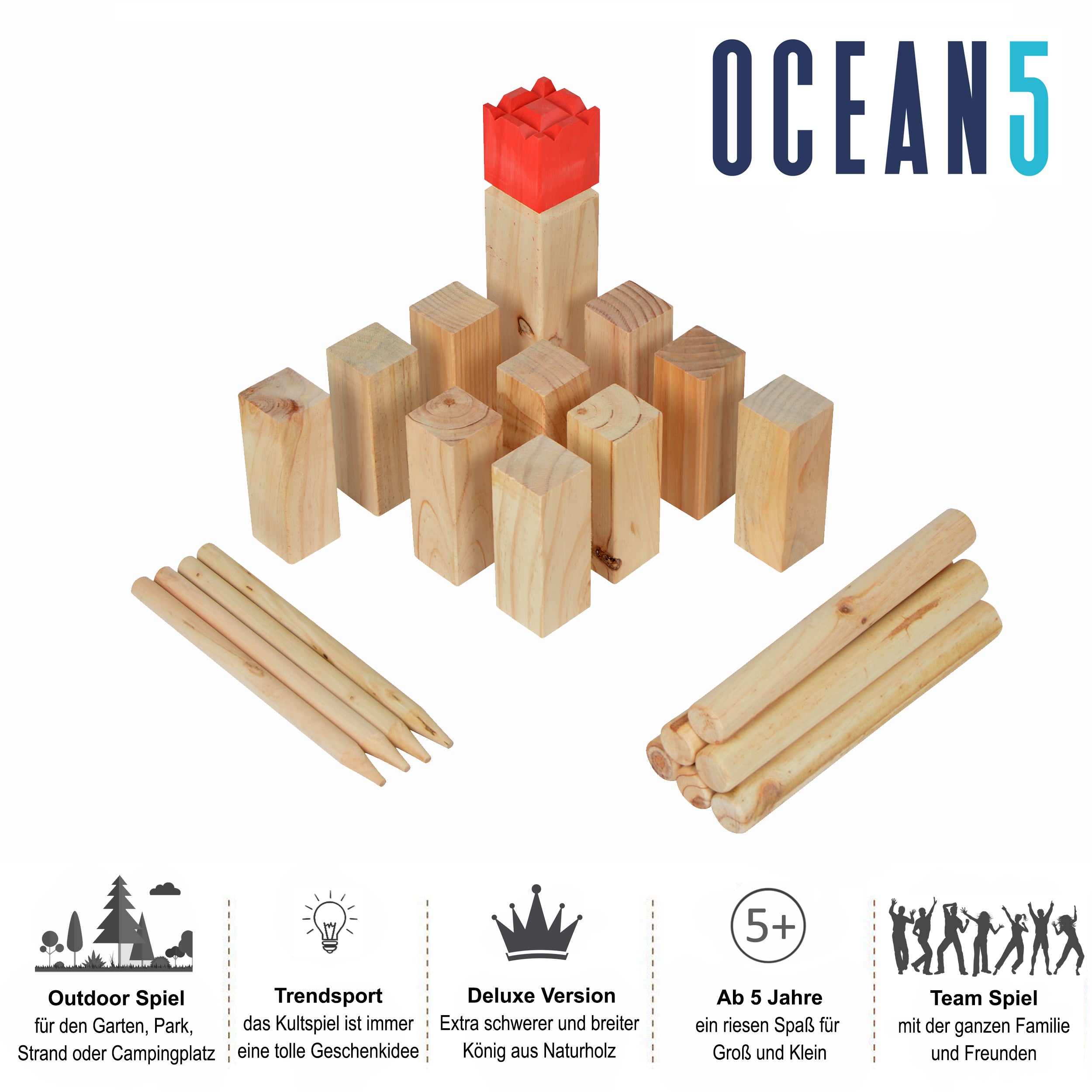 Ocean5 - Kubb - Original Wikinger Wurfspiel - Holz Schach Kegel Spiel von Ocean5 - Kubb - Deluxe - 30 x 7 cm (H B)
