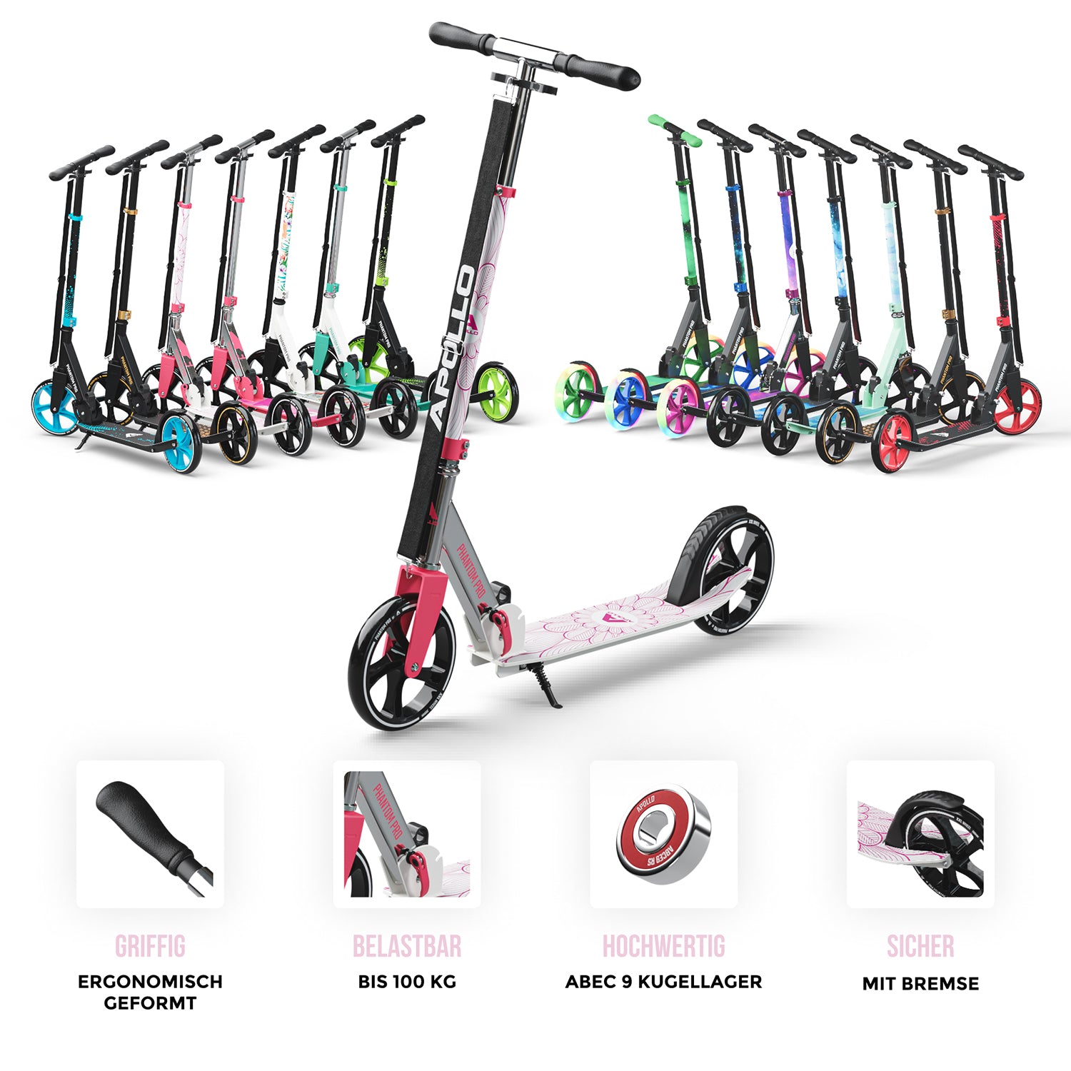 Apollo - Klappbarer City Roller für Kinder "Phantom" höhenverstellbarer Tretroller - Pink