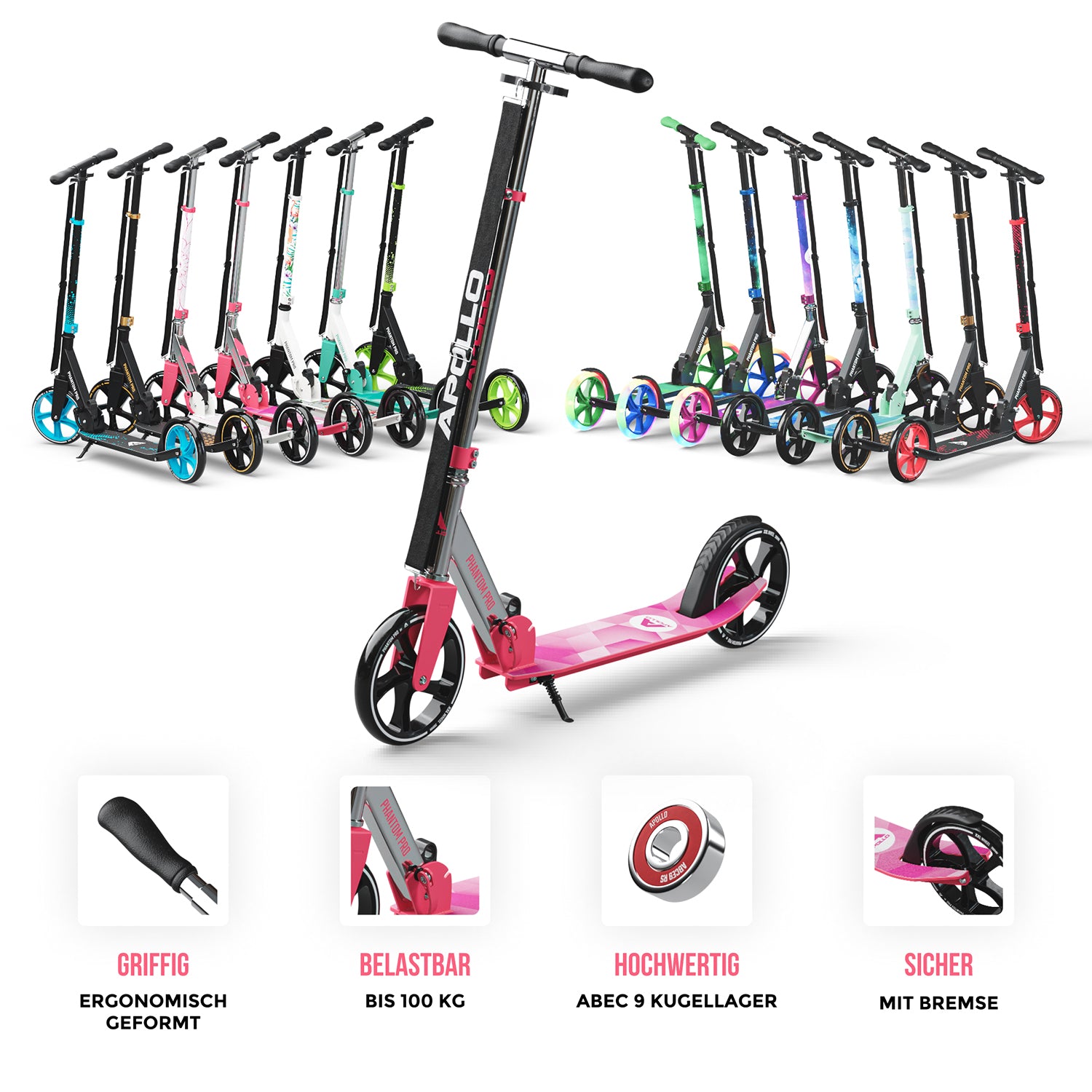 Apollo - Klappbarer City Roller für Kinder "Phantom" höhenverstellbarer Tretroller - Pink Silber
