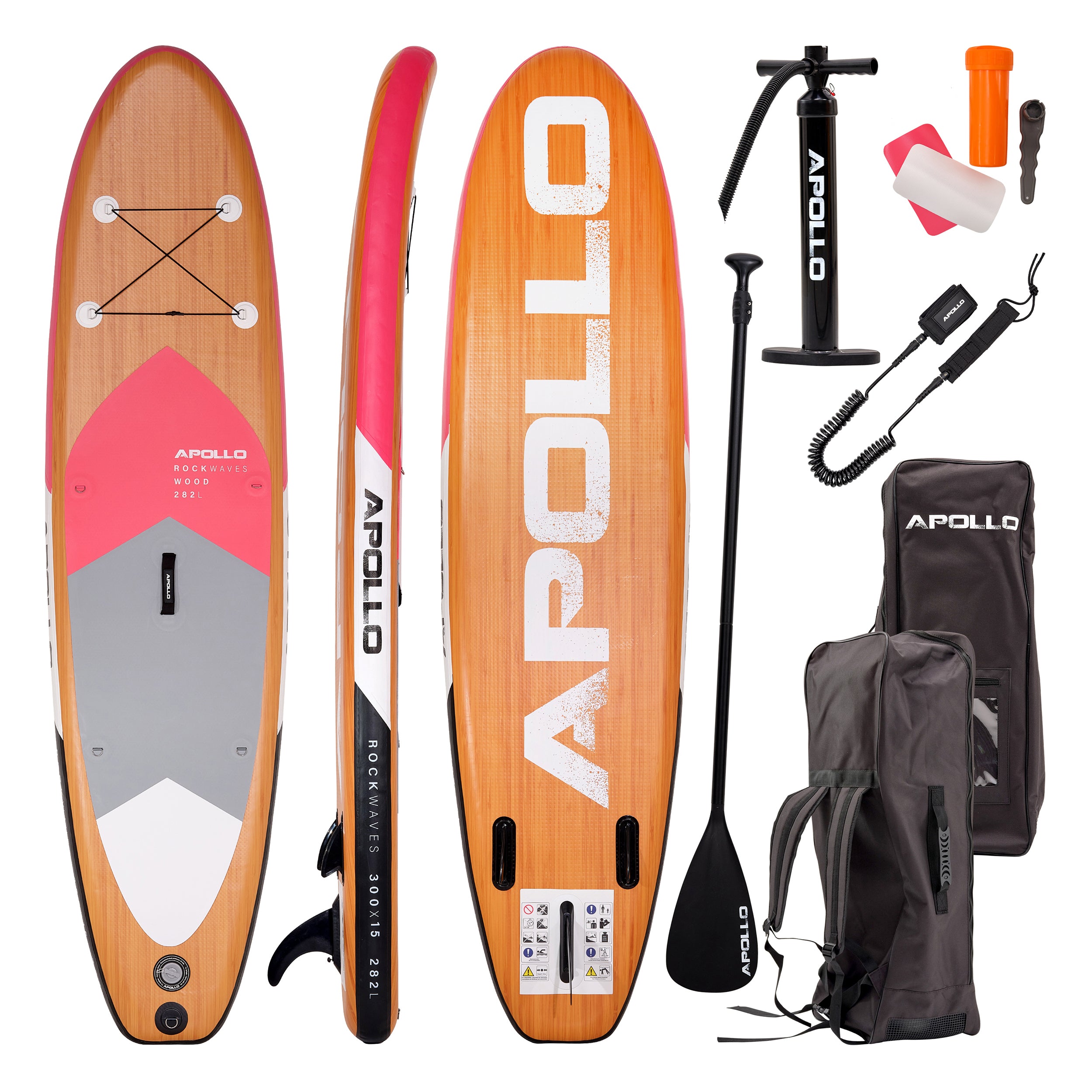 Apollo Funsport - SUP Board Komplett-Set Aufblasbares Stand Up Paddle Board - Wood - Wood Pink