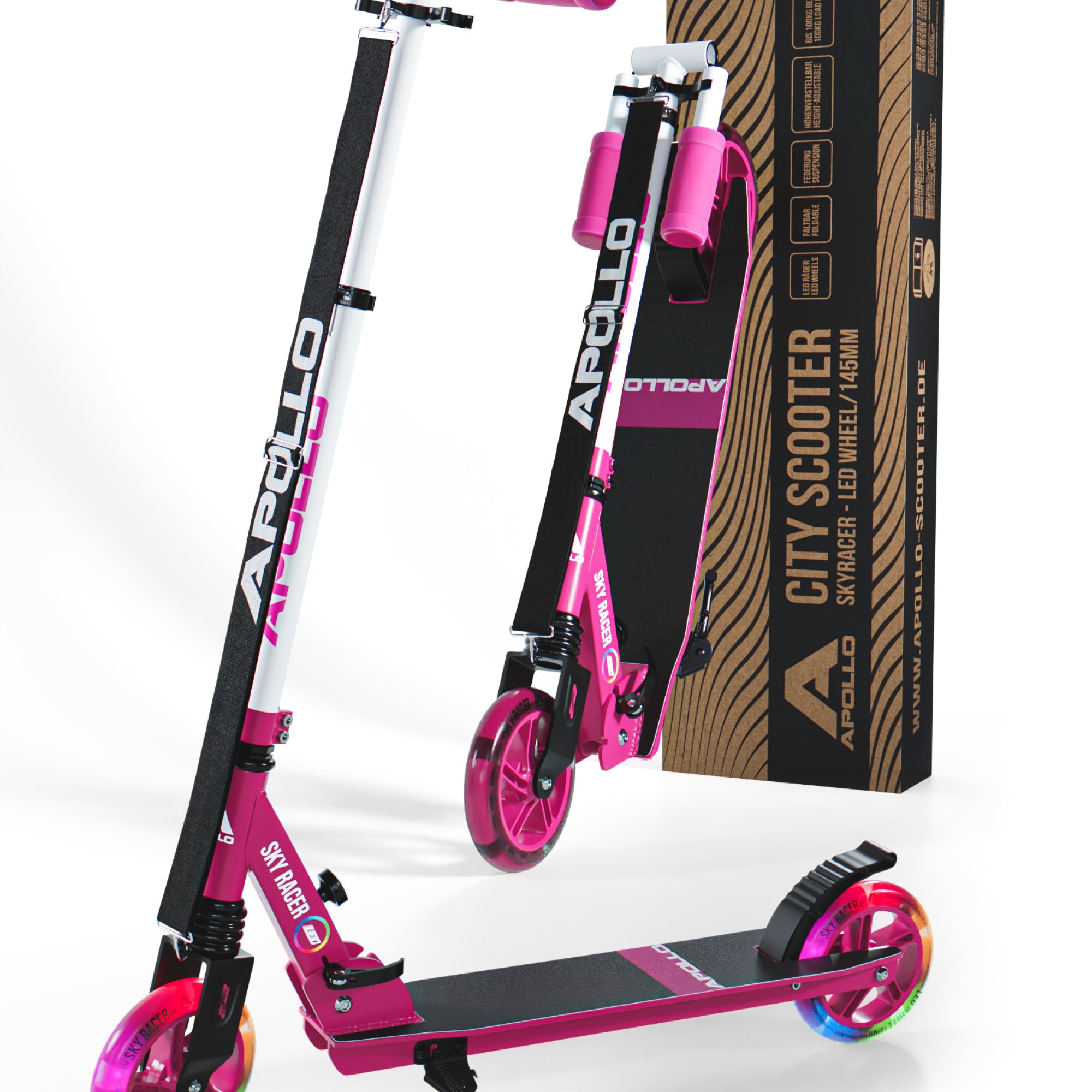 Apollo - 145mm City Scooter mit Federung "Skyracer" klappbar und höhenverstellbar - Pink Weiß