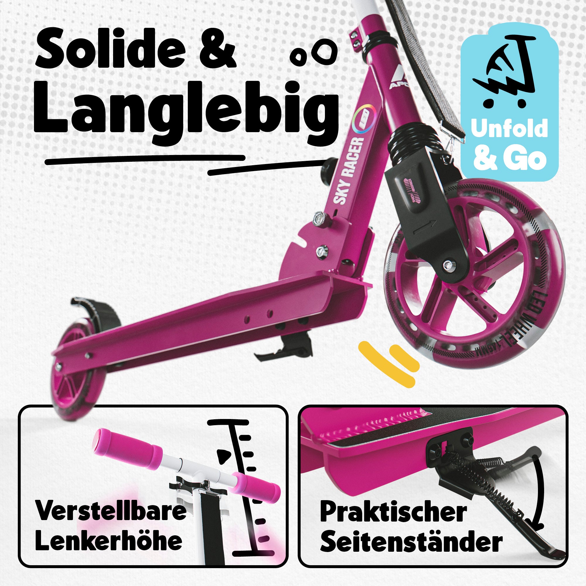 Apollo - 145mm City Scooter mit Federung "Skyracer" klappbar und höhenverstellbar - Pink Weiß