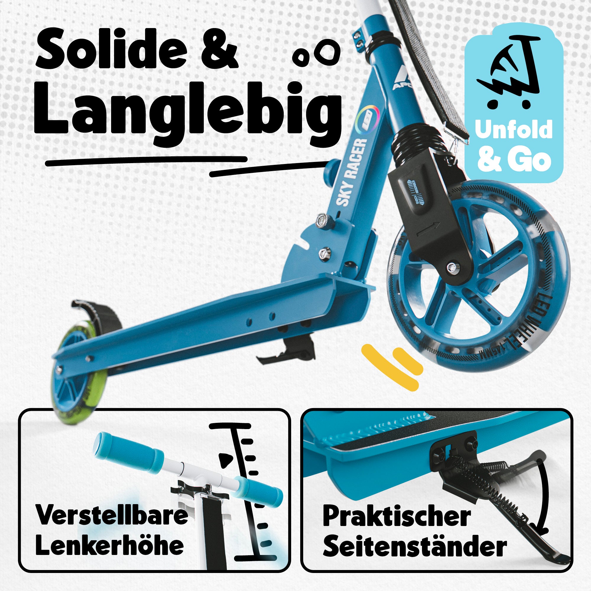 Apollo - 145mm City Scooter mit Federung "Skyracer" klappbar und höhenverstellbar - Blau