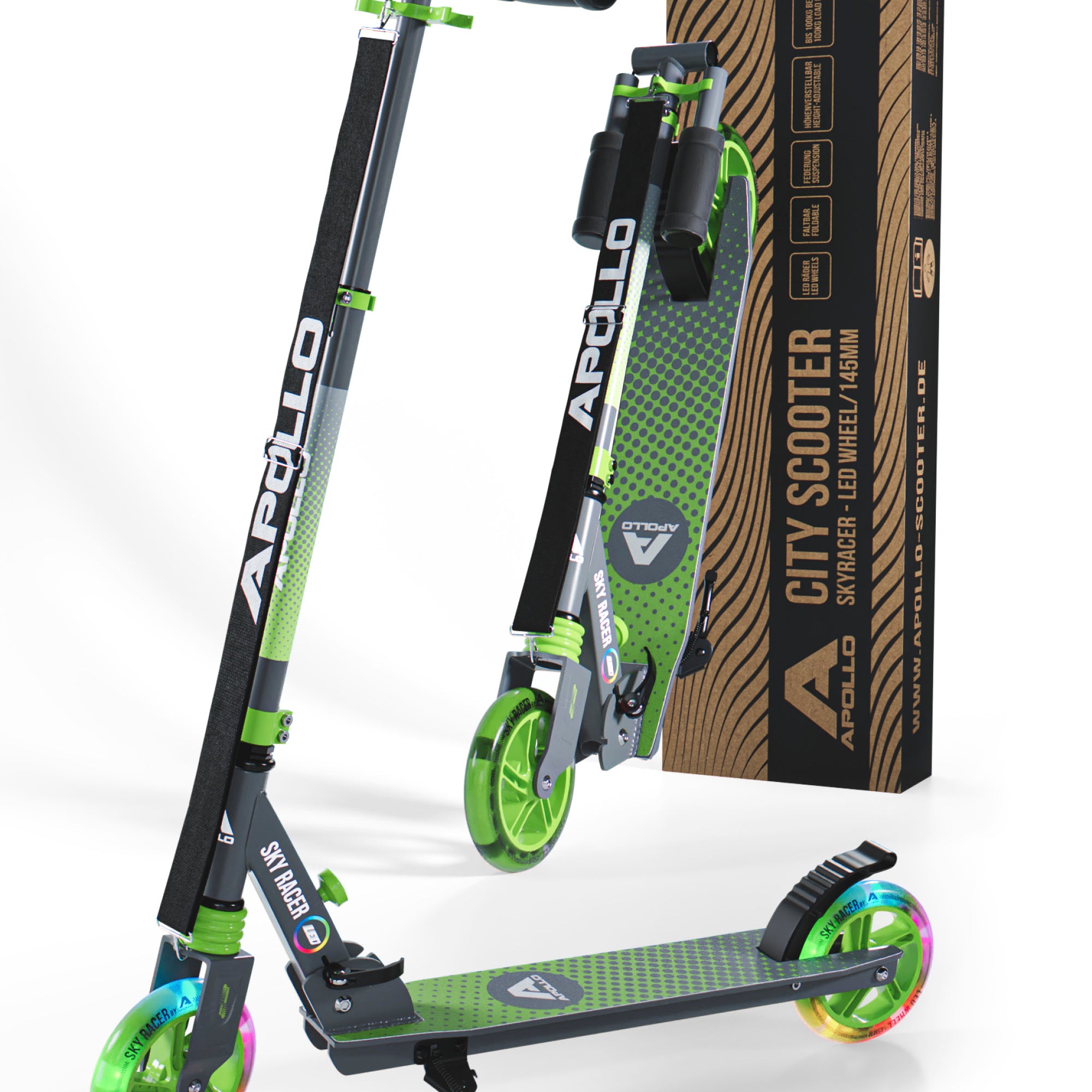 Apollo - 145mm City Scooter mit Federung "Skyracer" klappbar und höhenverstellbar - Grün Grau