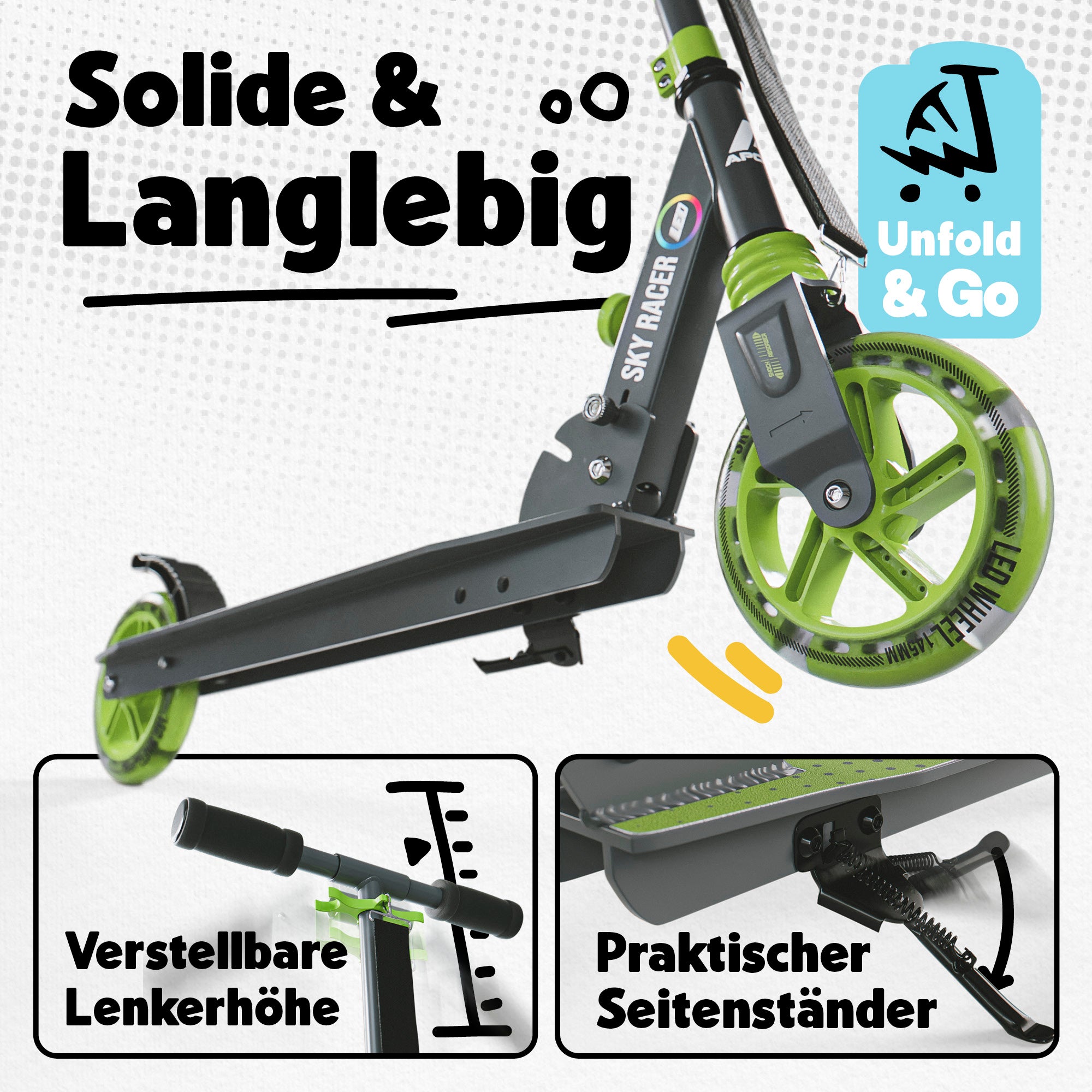 Apollo - 145mm City Scooter mit Federung "Skyracer" klappbar und höhenverstellbar - Grün Grau
