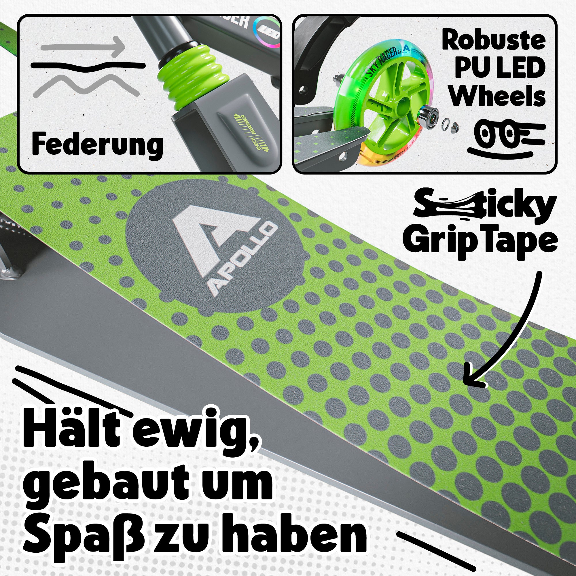 Apollo - 145mm City Scooter mit Federung "Skyracer" klappbar und höhenverstellbar - Grün Grau