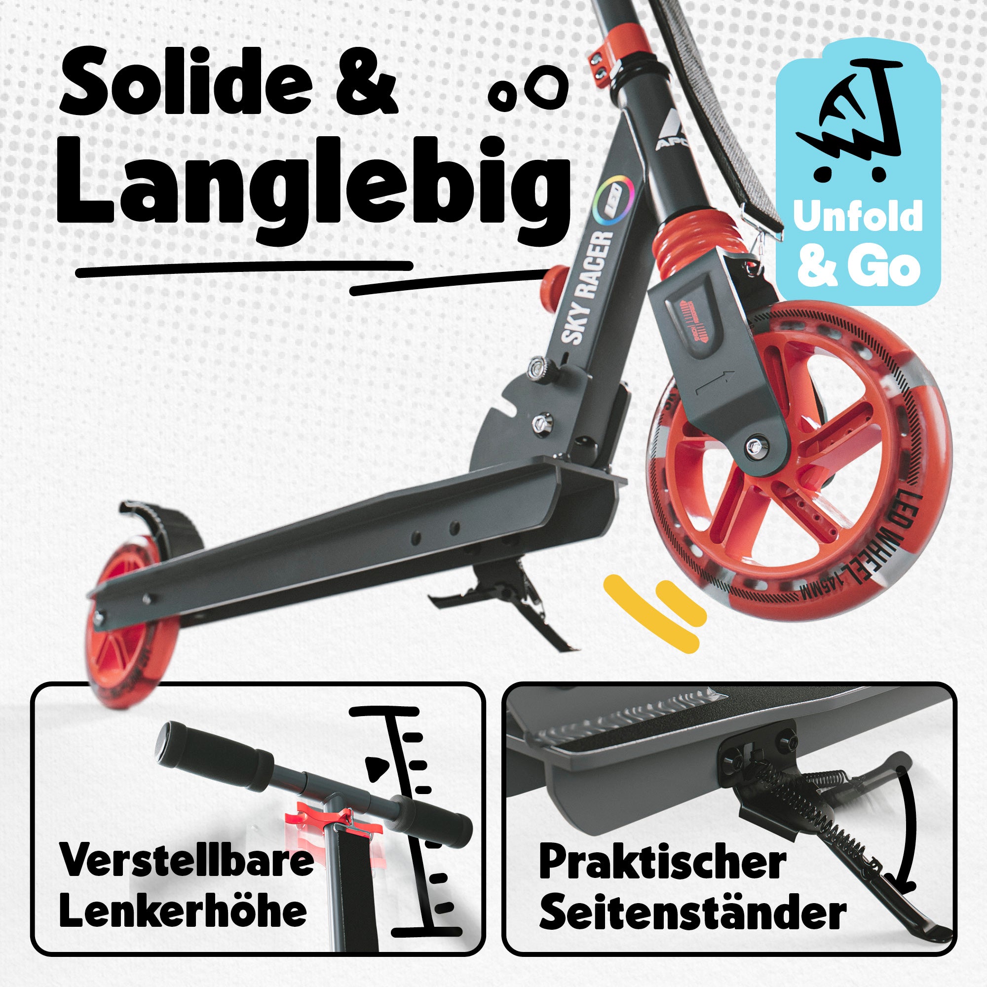 Apollo - 145mm City Scooter mit Federung "Skyracer" klappbar und höhenverstellbar - Orange