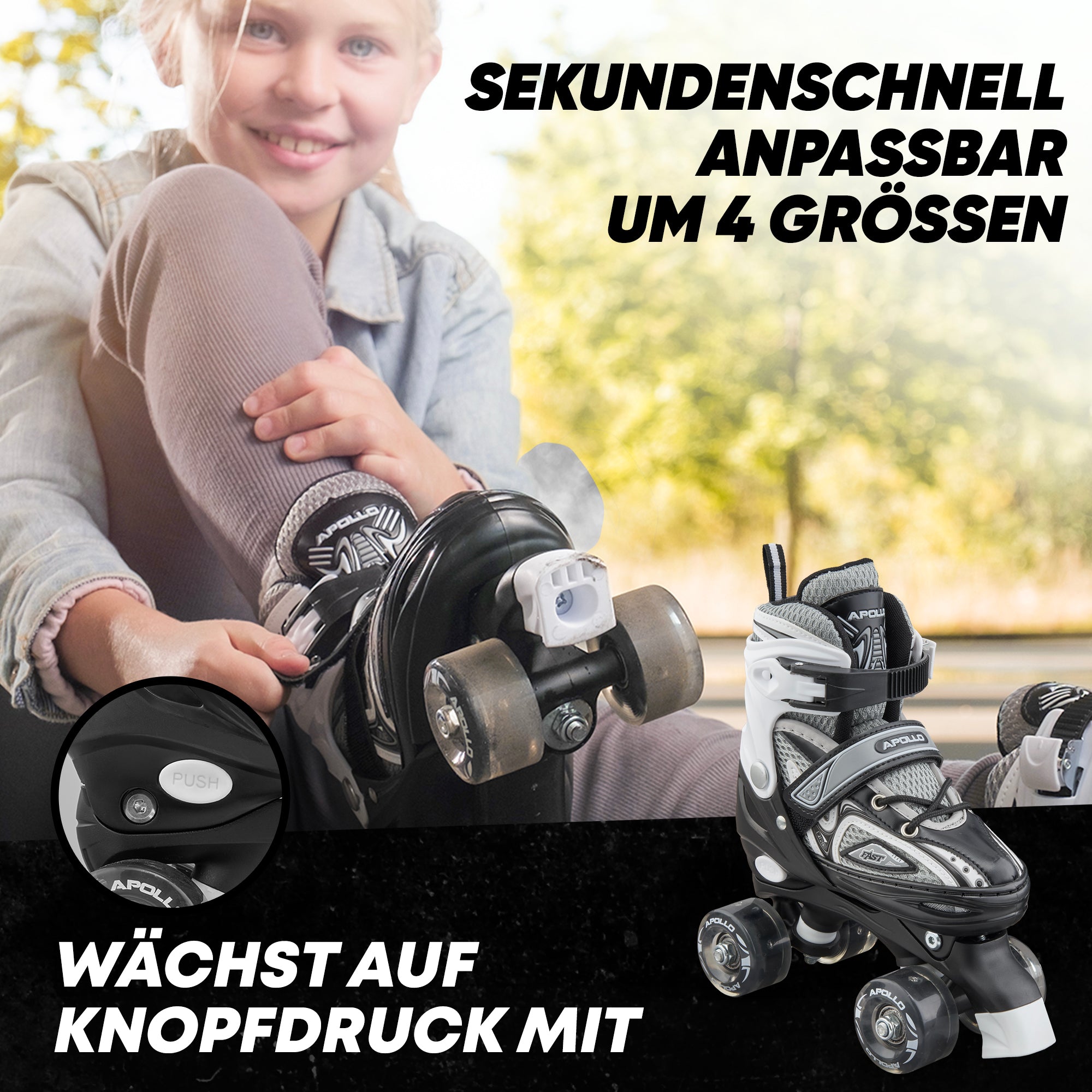Apollo - Super Quad größenverstellbare verstellbare Rollschuhe für Kinder - Schwarz -