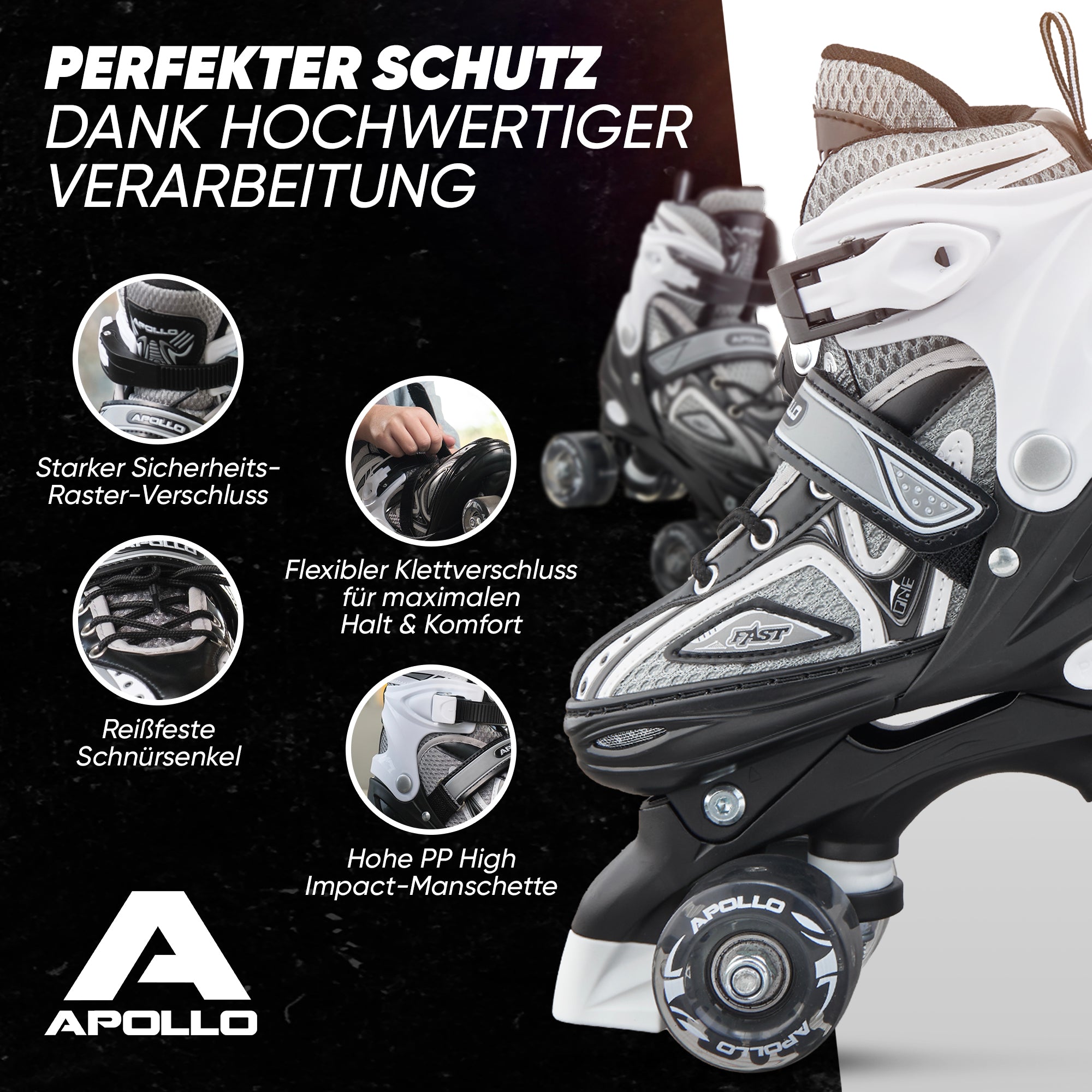 Apollo - Super Quad größenverstellbare verstellbare Rollschuhe für Kinder - Schwarz -