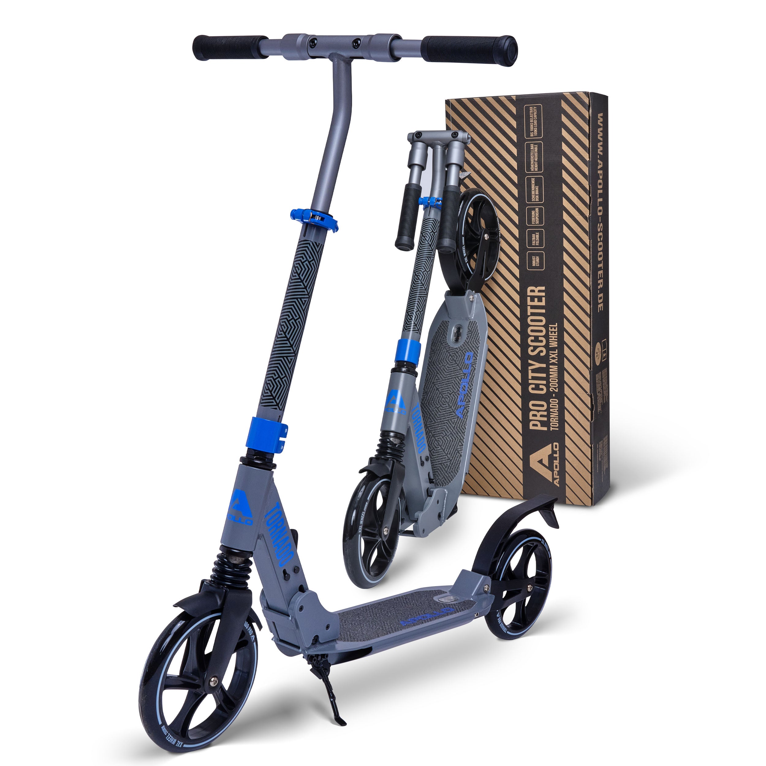 Apollo - High End Scooter Erwachsene - "Tornado 2.0" Cityroller Kinder ab 7 Jahre - Grau Blau