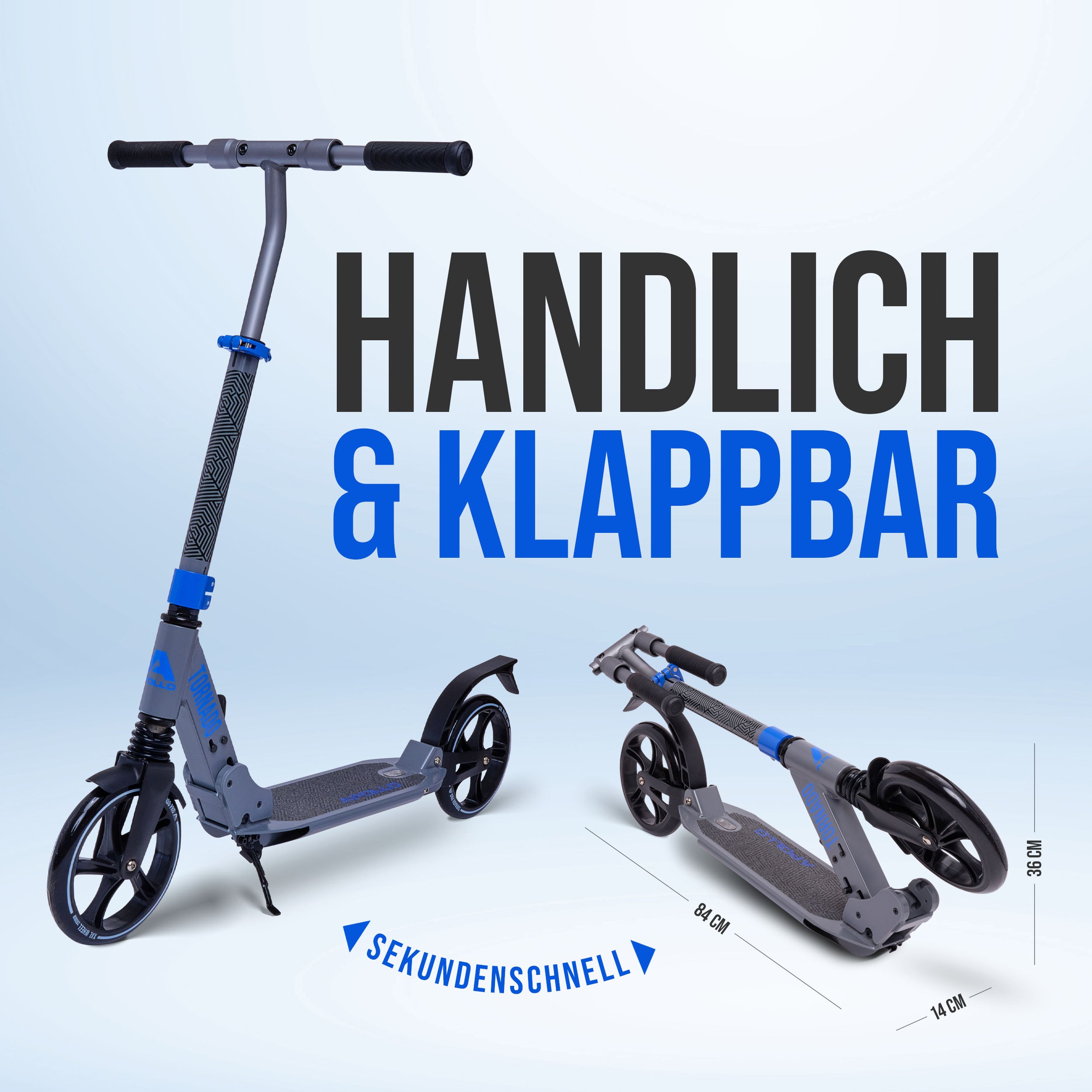 Apollo - High End Scooter Erwachsene - "Tornado 2.0" Cityroller Kinder ab 7 Jahre - Grau Blau