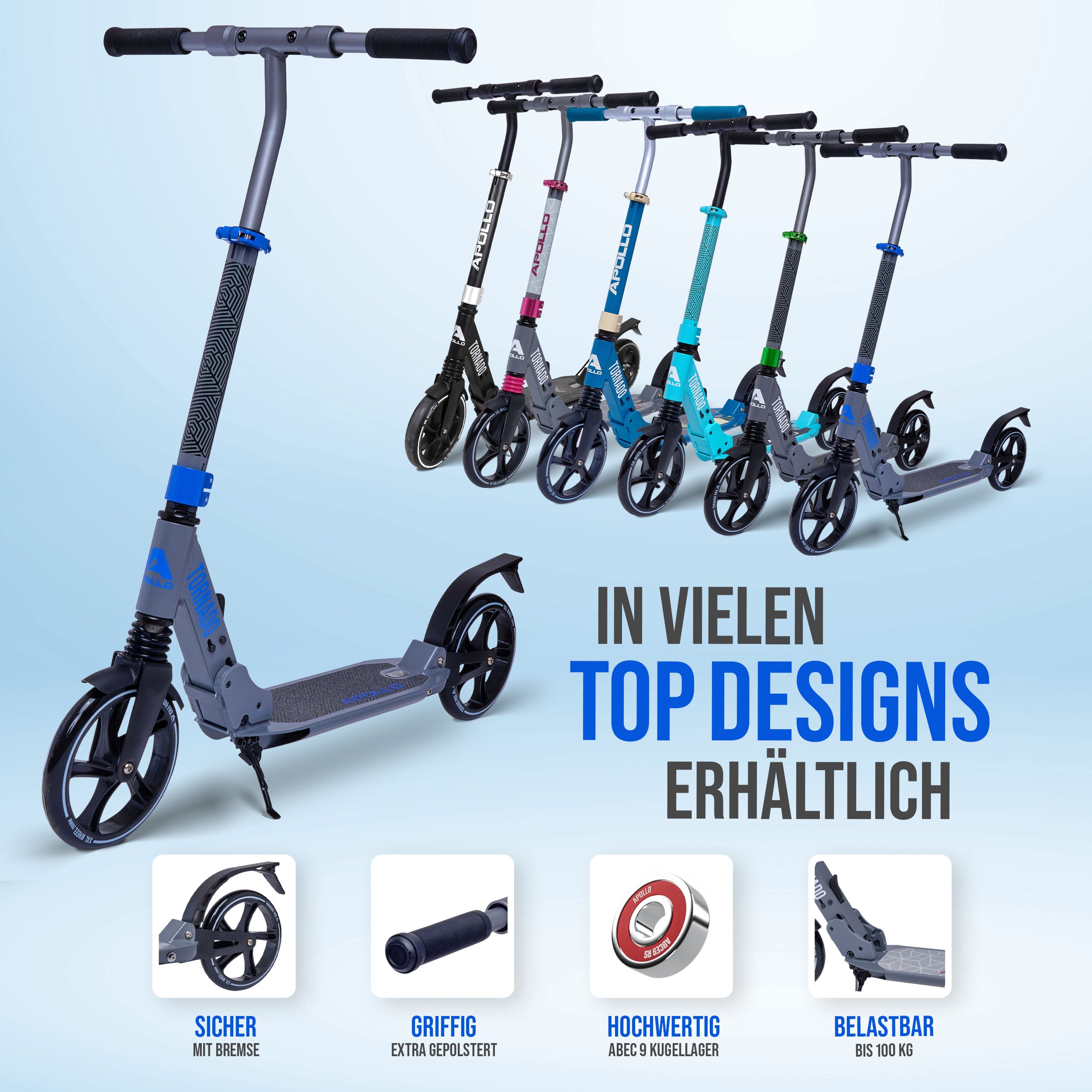Apollo - High End Scooter Erwachsene - "Tornado 2.0" Cityroller Kinder ab 7 Jahre - Grau Blau
