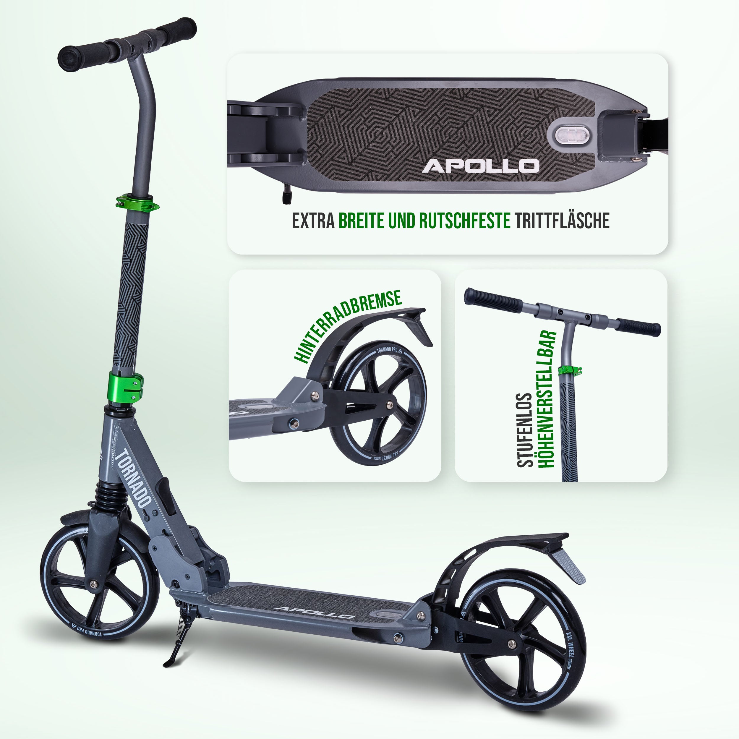 Apollo - High End Scooter Erwachsene - "Tornado 2.0" Cityroller Kinder ab 7 Jahre - Grau Grün
