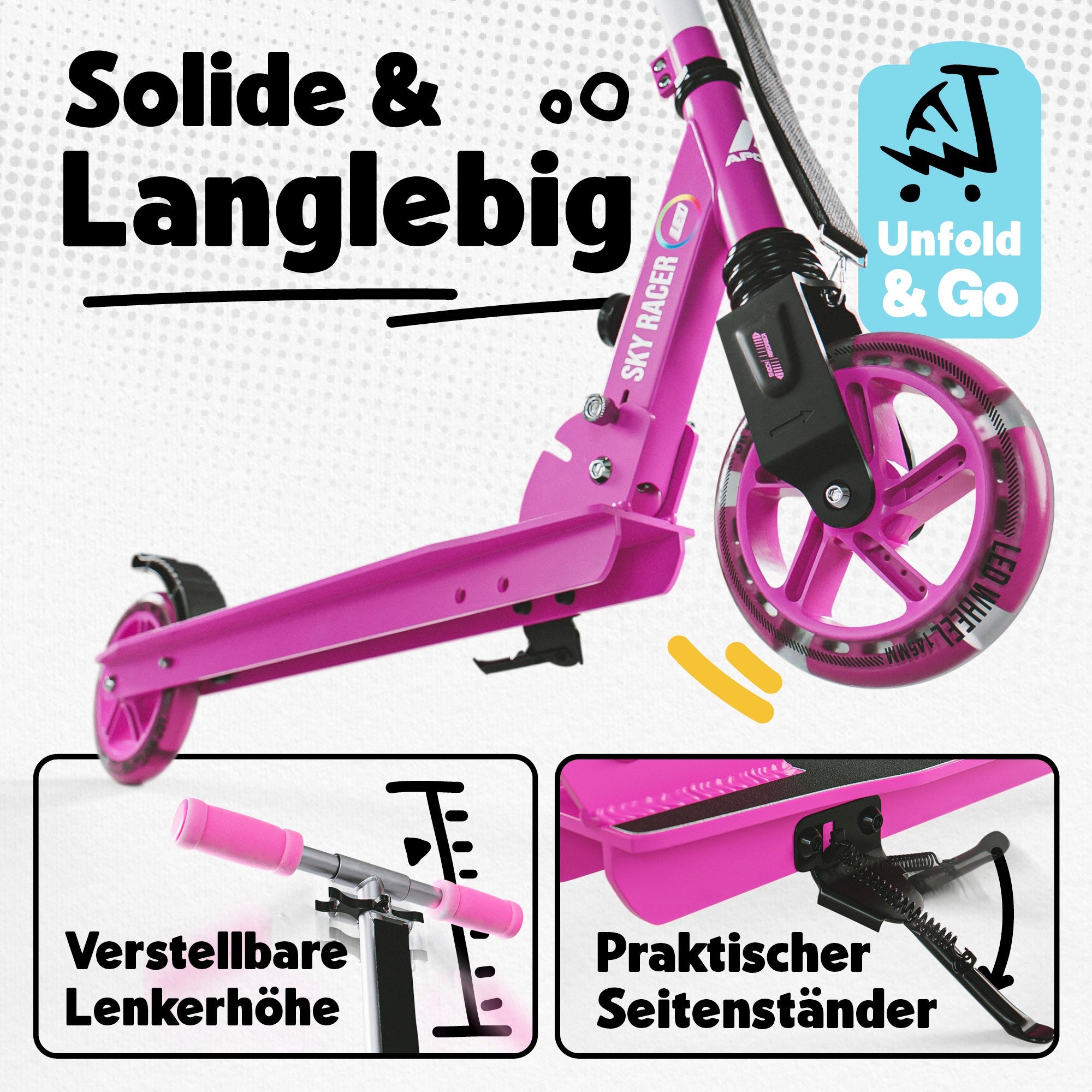 Apollo - 145mm City Scooter mit Federung "Skyracer" klappbar und höhenverstellbar - Rosa Weiß