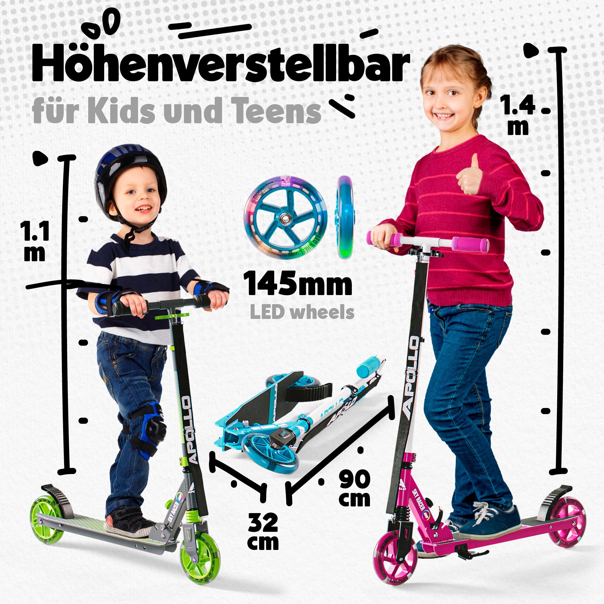 Apollo - 145mm City Scooter mit Federung "Skyracer" klappbar und höhenverstellbar - Rosa Weiß