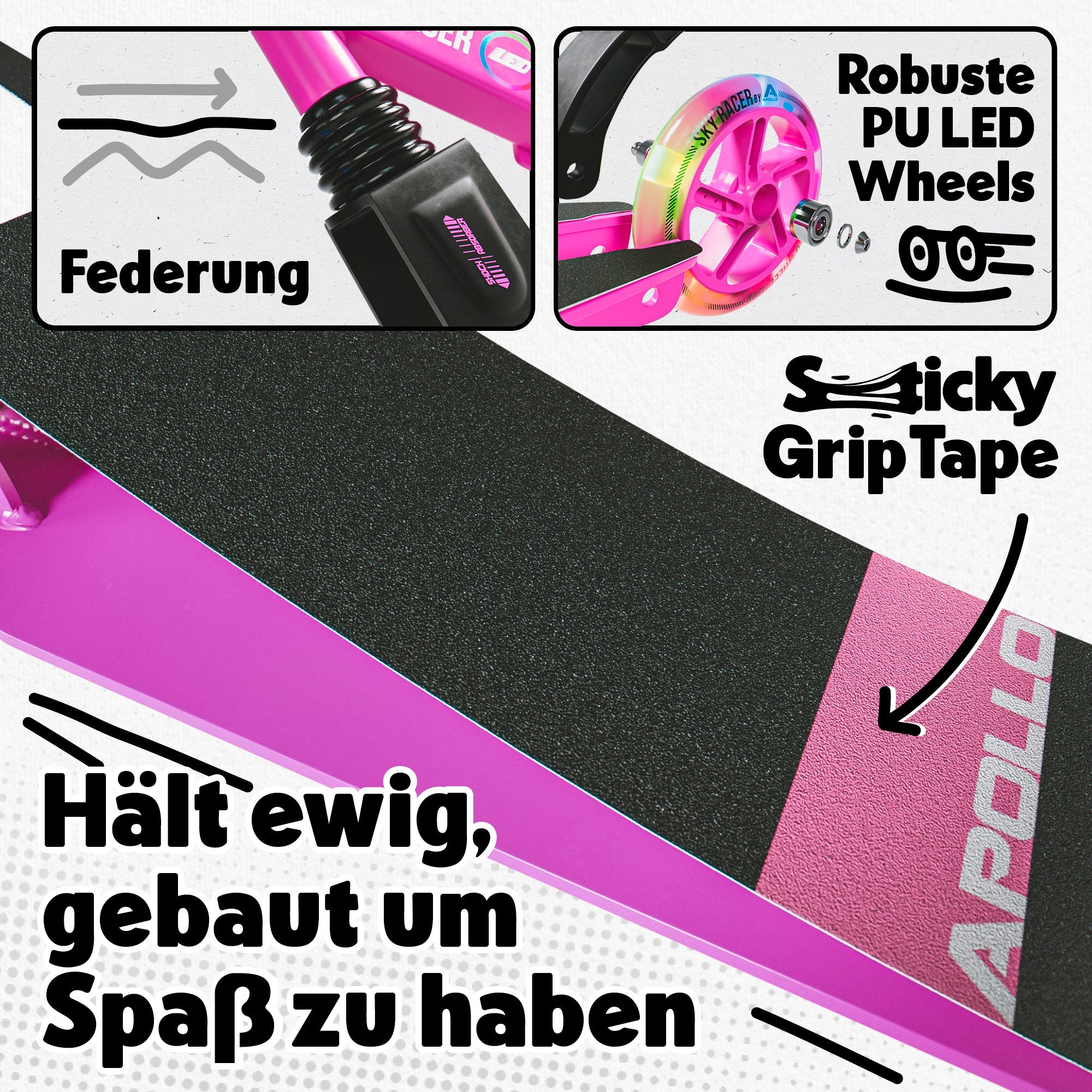 Apollo - 145mm City Scooter mit Federung "Skyracer" klappbar und höhenverstellbar - Rosa Weiß