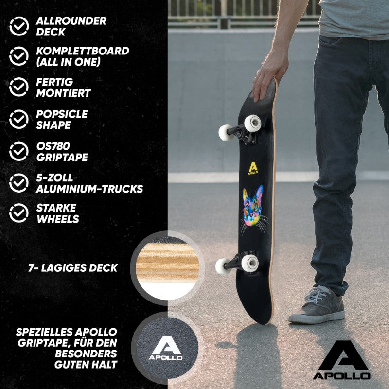 Apollo - Skateboard - Cat - 7-lagiges Holz-Komplettboard mit ABEC 7 -