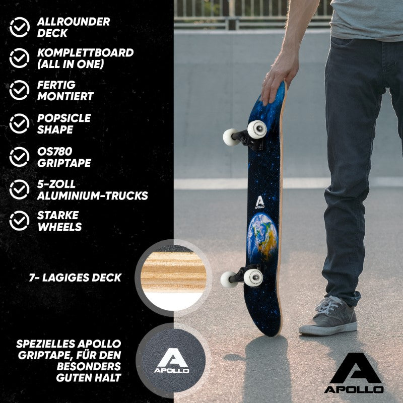 Apollo - Skateboard - Earth - 7-lagiges Holz-Komplettboard mit ABEC 7 -