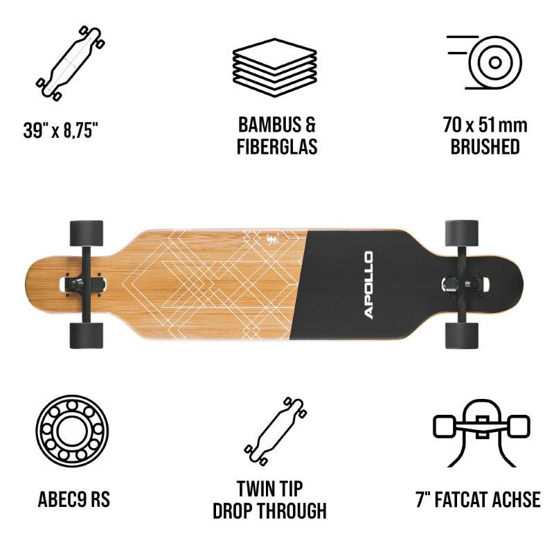 Apollo - Fiberglas Longboard - Bali Slide Black - 39" inkl. T-Tool -
