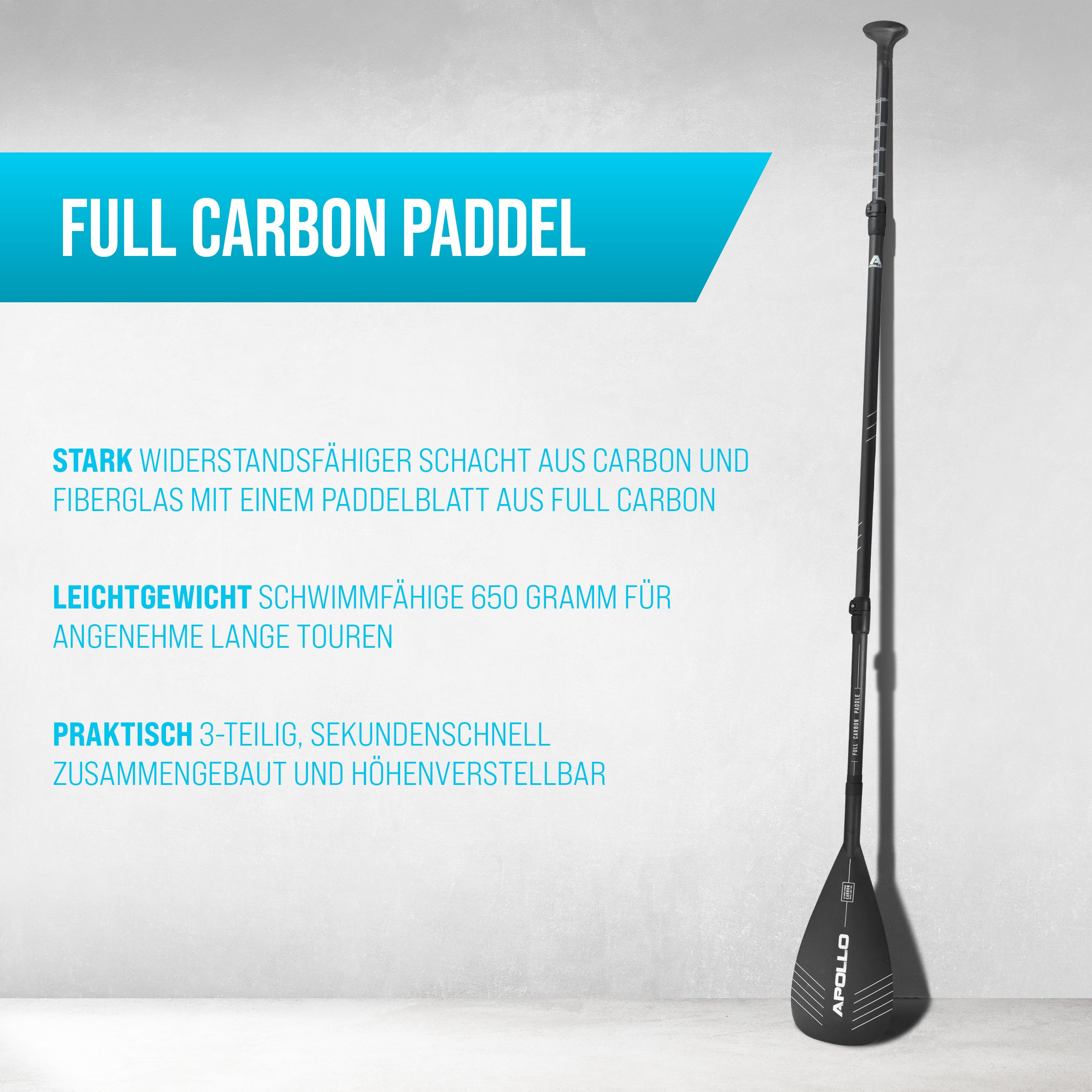 Apollo - Apollo SUP Paddel - 3 teiliges Stechpaddel aus Carbon und Fiberglas - Full Carbon Paddel
