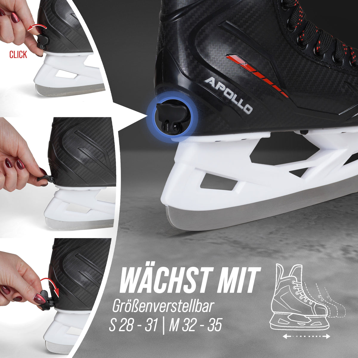 Apollo Funsport - Champion Skate Adjustable - verstellbare Hockey Style Schlittschuhe - Schwarz Rot
