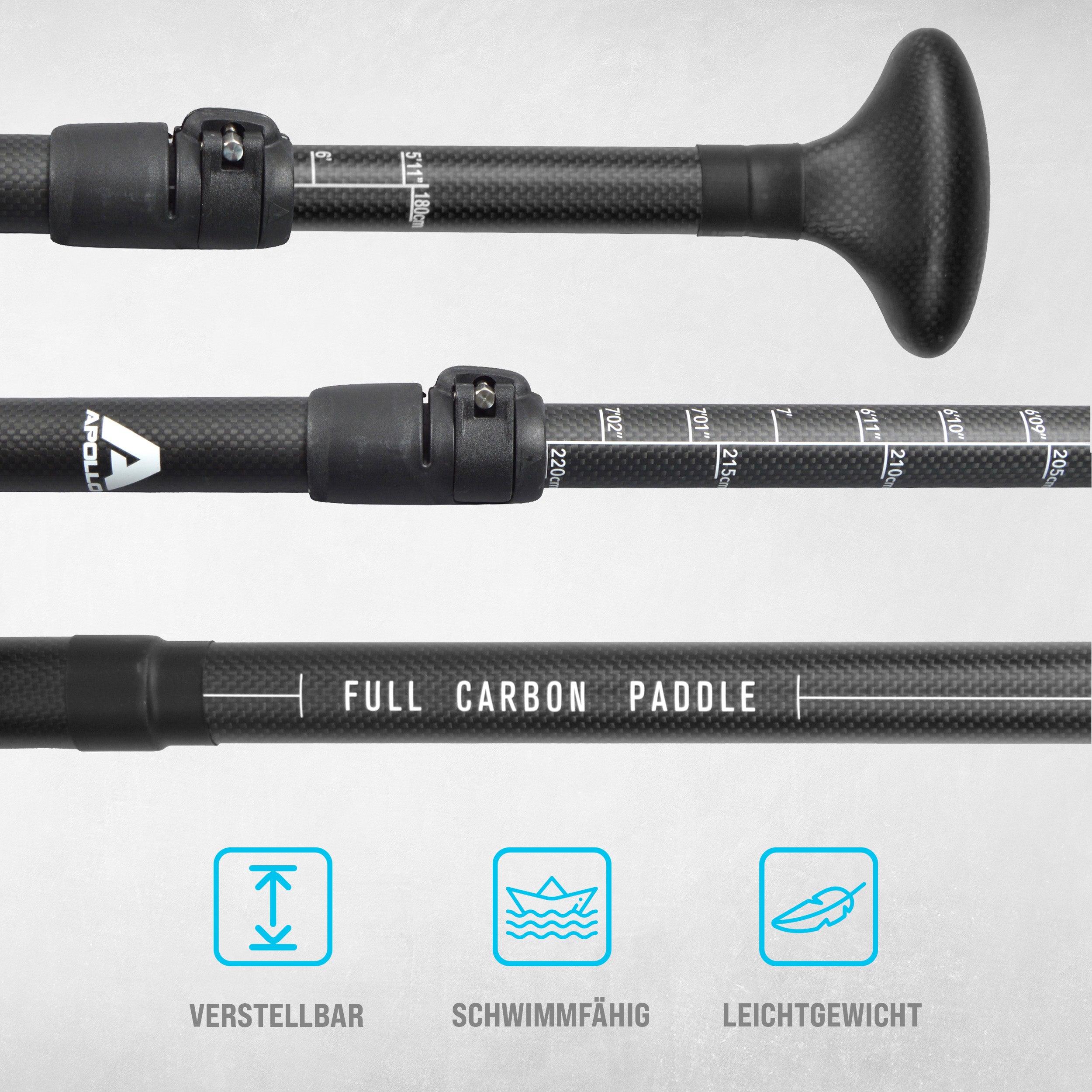 Apollo - Apollo SUP Paddel - 3 teiliges Stechpaddel aus Carbon und Fiberglas - Full Carbon Paddel