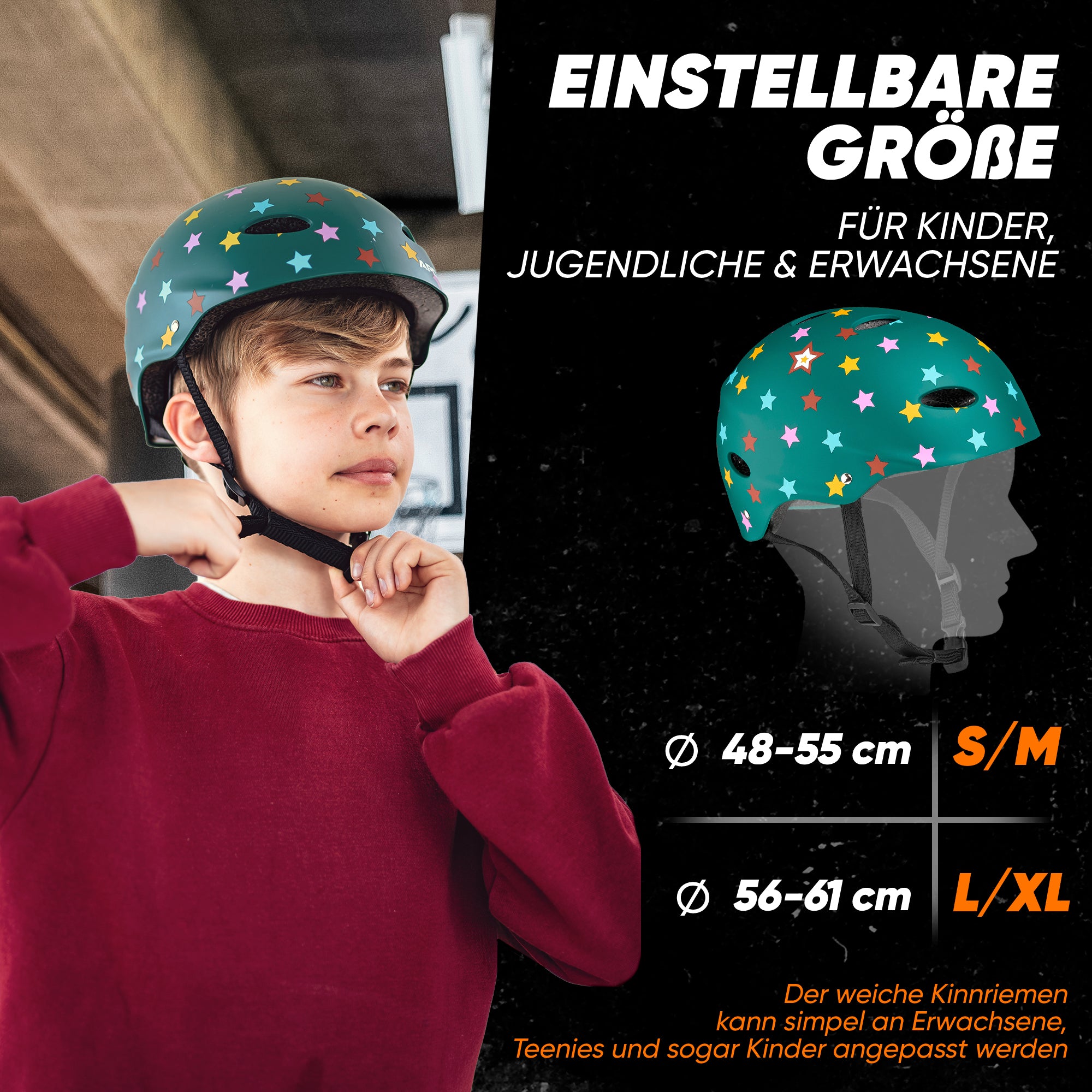 Apollo - Skatehelm, Multi Sport Helm Herren, Damen, Kinder, Kinderfahrradhelm verstellbar - Stars