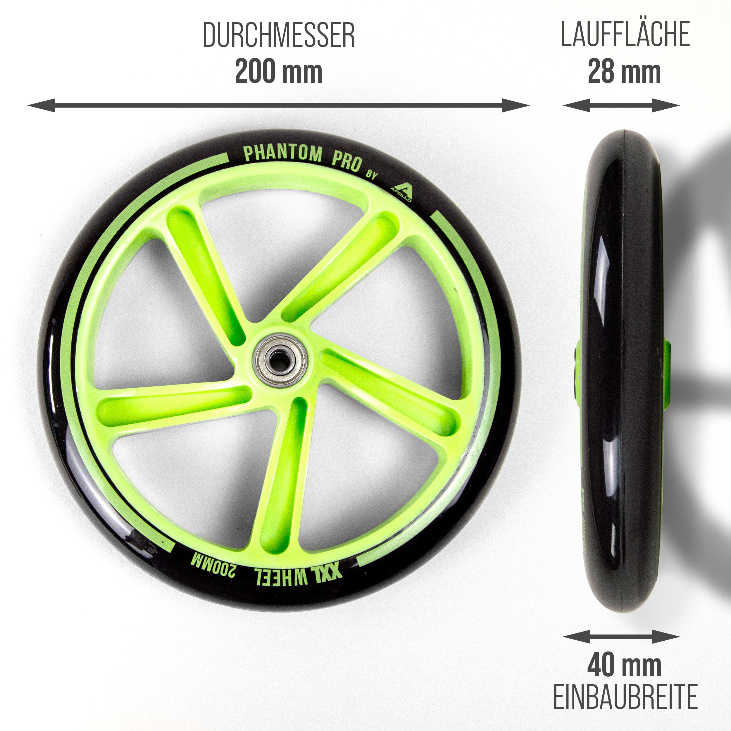 Apollo - 200 mm Ersatzräderset für City Scooter - Phantom / Spectre - Grün Schwarz