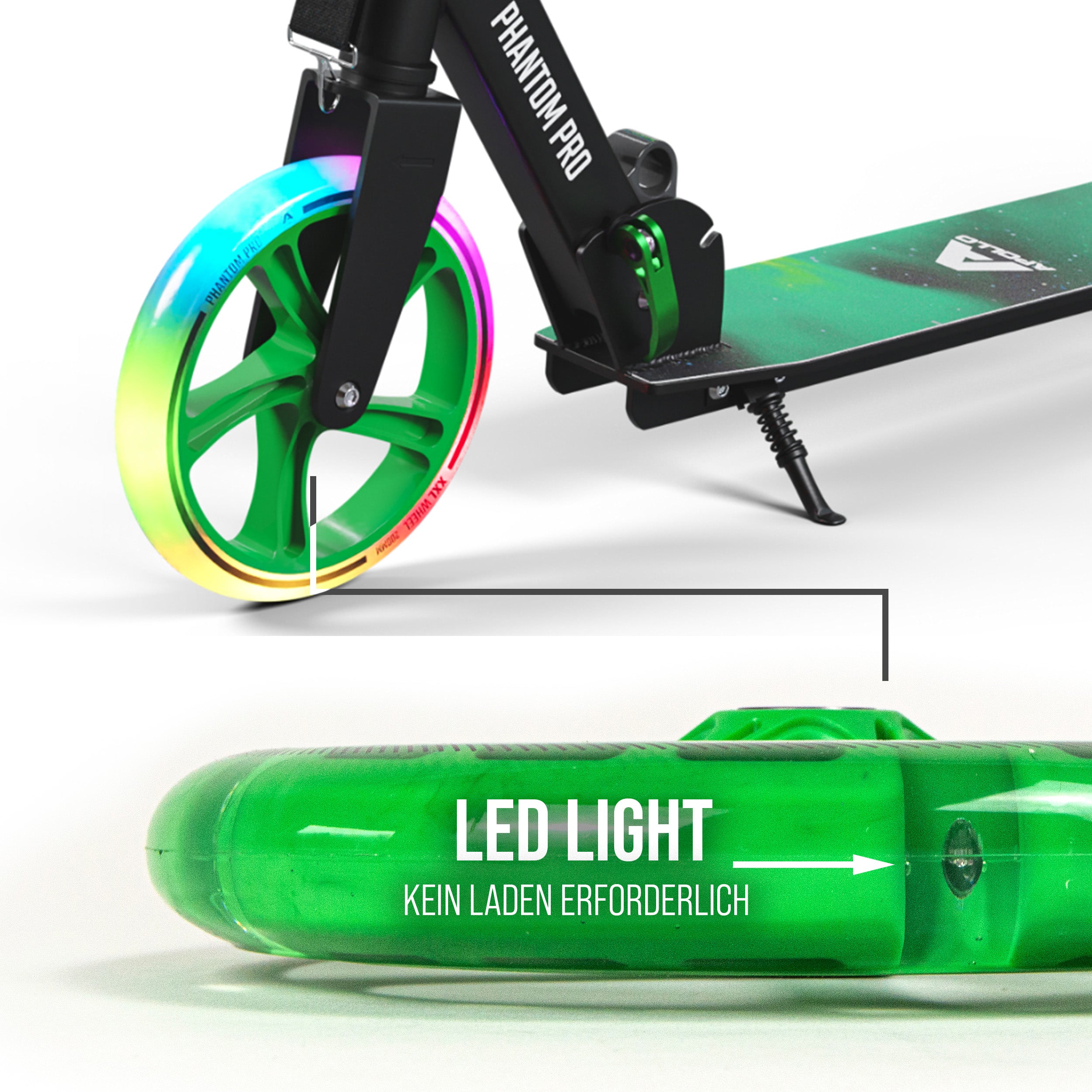 Apollo - 200 mm Ersatzräderset für City Scooter - Phantom / Spectre - LED Grün Transparent