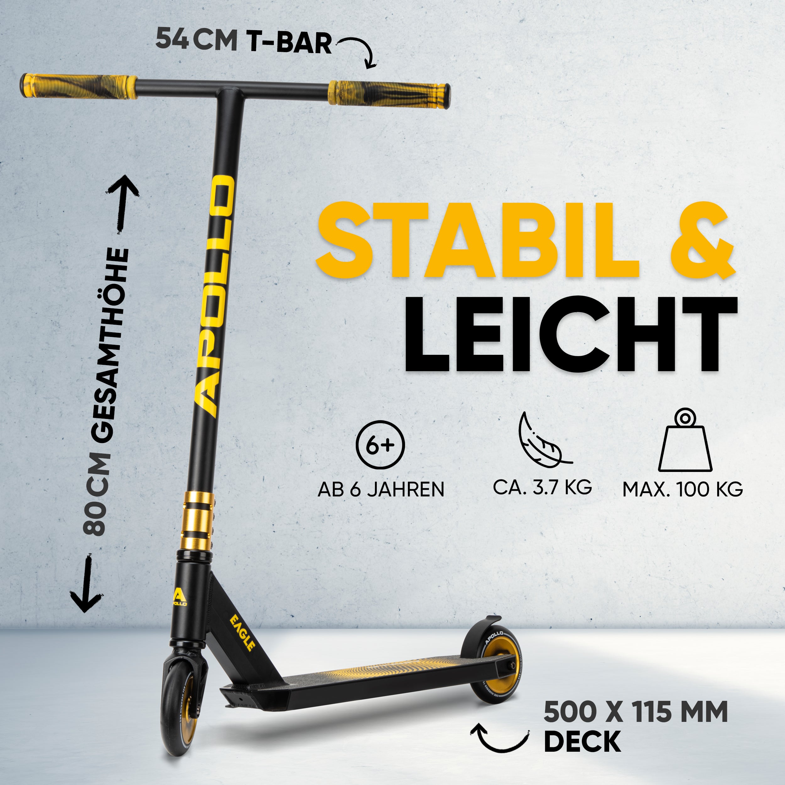 Apollo - Stunt Scooter 'Eagle' - eloxierter Profi Stuntroller mit ABEC 9 Kugellagern - Schwarz Gold