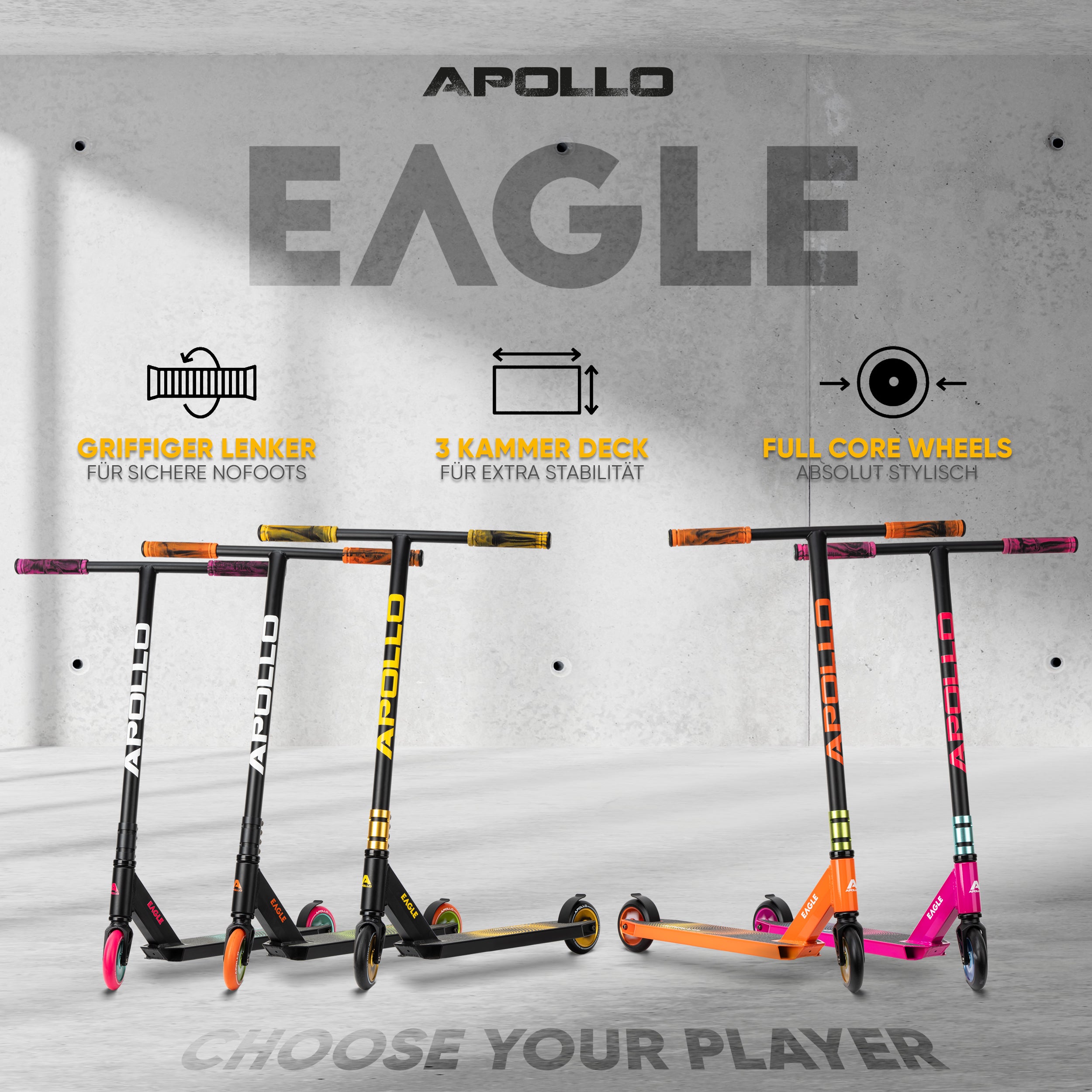 Apollo - Stunt Scooter 'Eagle' - eloxierter Profi Stuntroller mit ABEC 9 Kugellagern - alle Farbvarianten