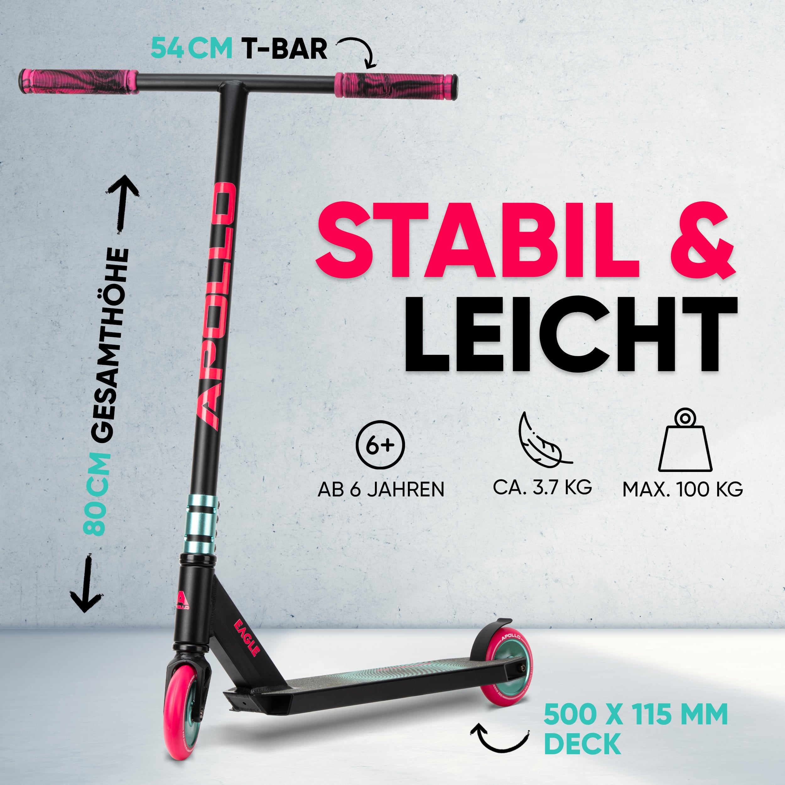 Apollo - Stunt Scooter 'Eagle' - eloxierter Profi Stuntroller mit ABEC 9 Kugellagern - Schwarz Mint Pink