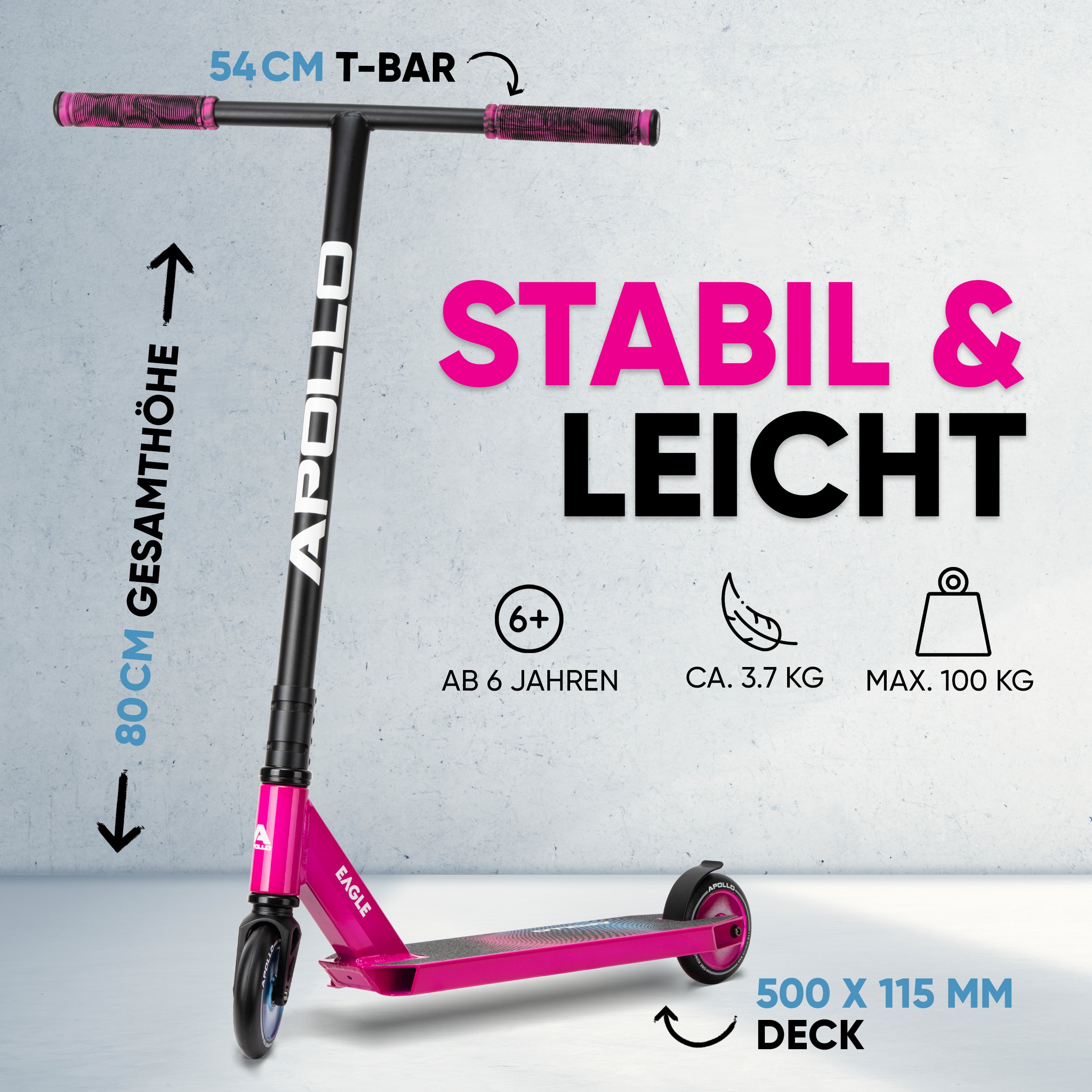 Apollo - Stunt Scooter 'Eagle' - eloxierter Profi Stuntroller mit ABEC 9 Kugellagern - Pink