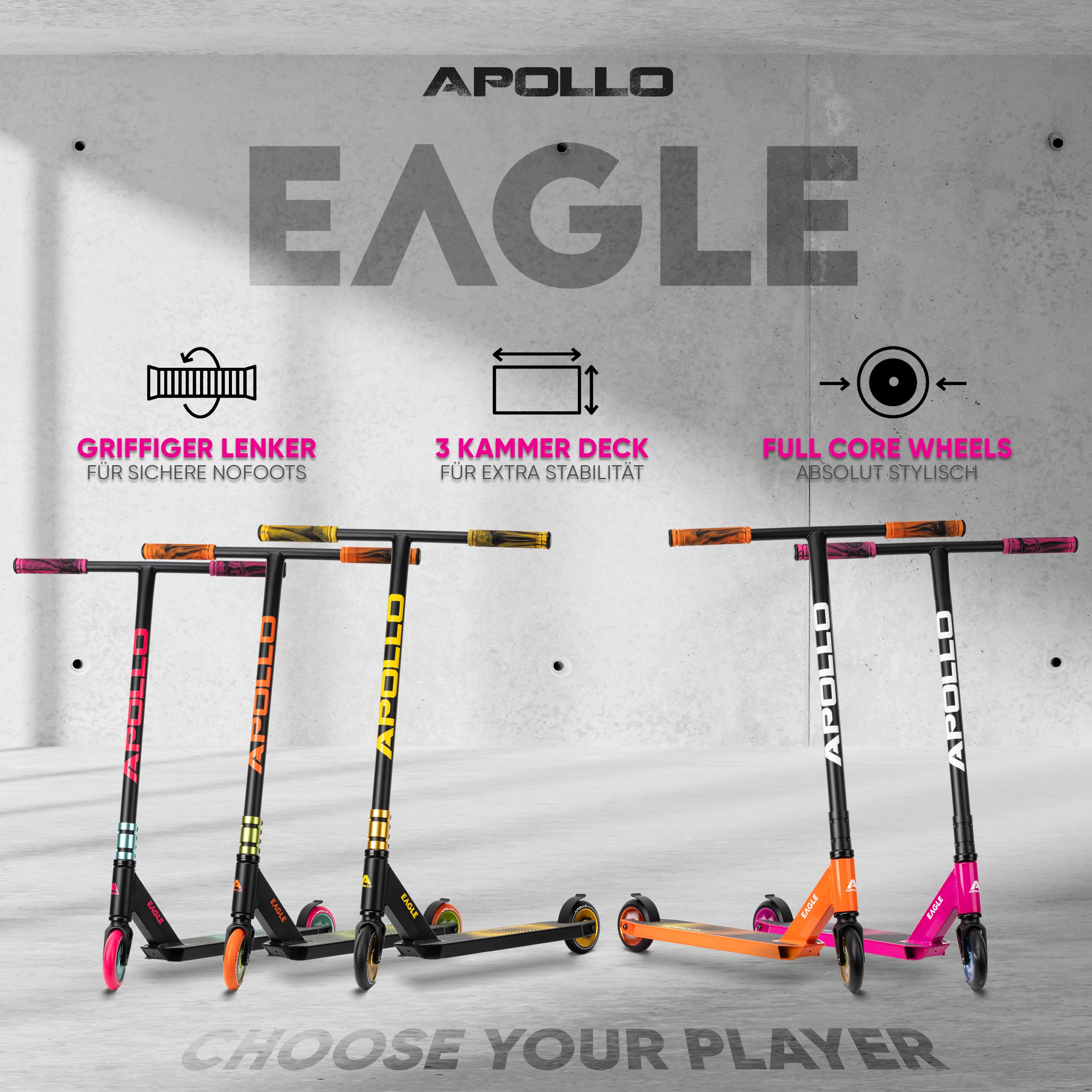 Apollo - Stunt Scooter 'Eagle' - eloxierter Profi Stuntroller mit ABEC 9 Kugellagern - Pink