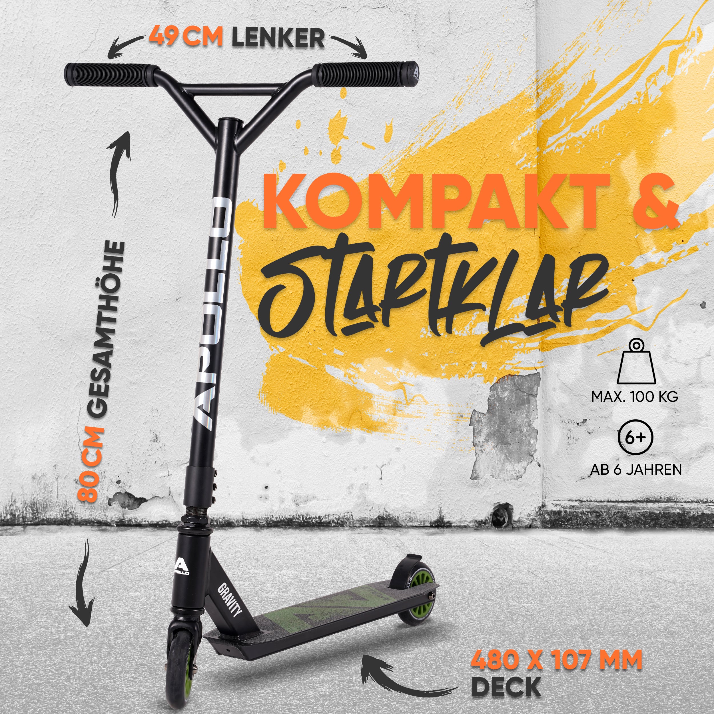 Apollo Funsport - Apollo Stuntscooter Gravity - sportlich, funktional und ideal für Beginner - Black Green