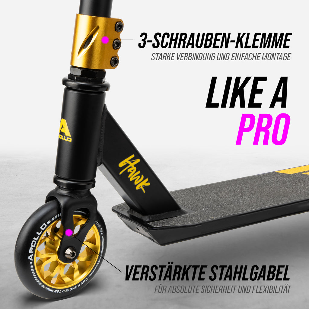 Apollo - Stuntscooter 'Hawk' - Freestyle Kickscooter für Kinder und Erwachsene - Schwarz Gold