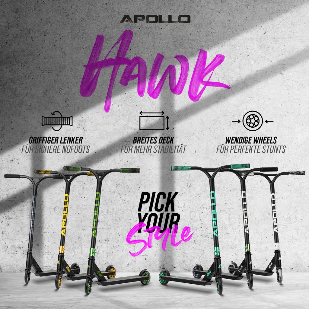 Apollo - Stuntscooter 'Hawk' - Freestyle Kickscooter für Kinder und Erwachsene - Schwarz Gold