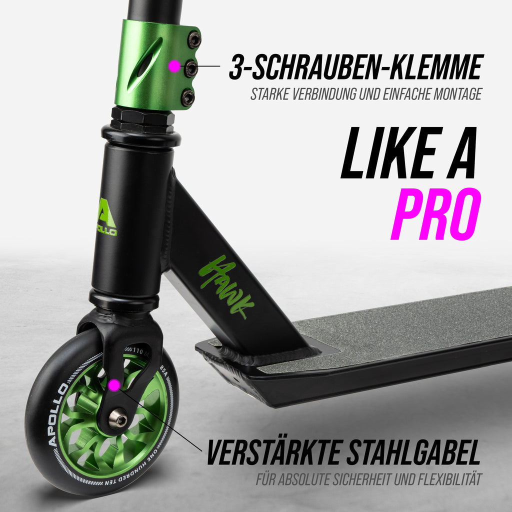 Apollo - Stuntscooter 'Hawk' - Freestyle Kickscooter für Kinder und Erwachsene - Schwarz Grün