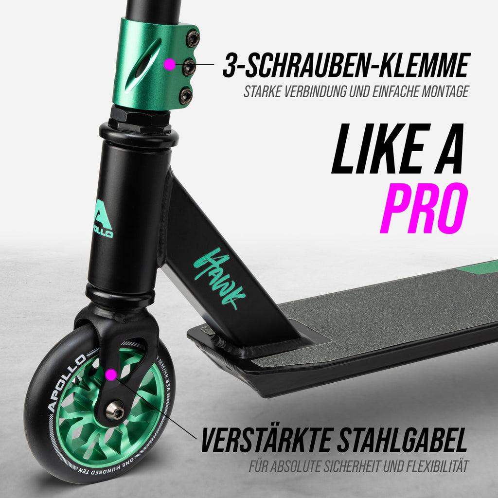 Apollo - Stuntscooter 'Hawk' - Freestyle Kickscooter für Kinder und Erwachsene - Schwarz Ocean