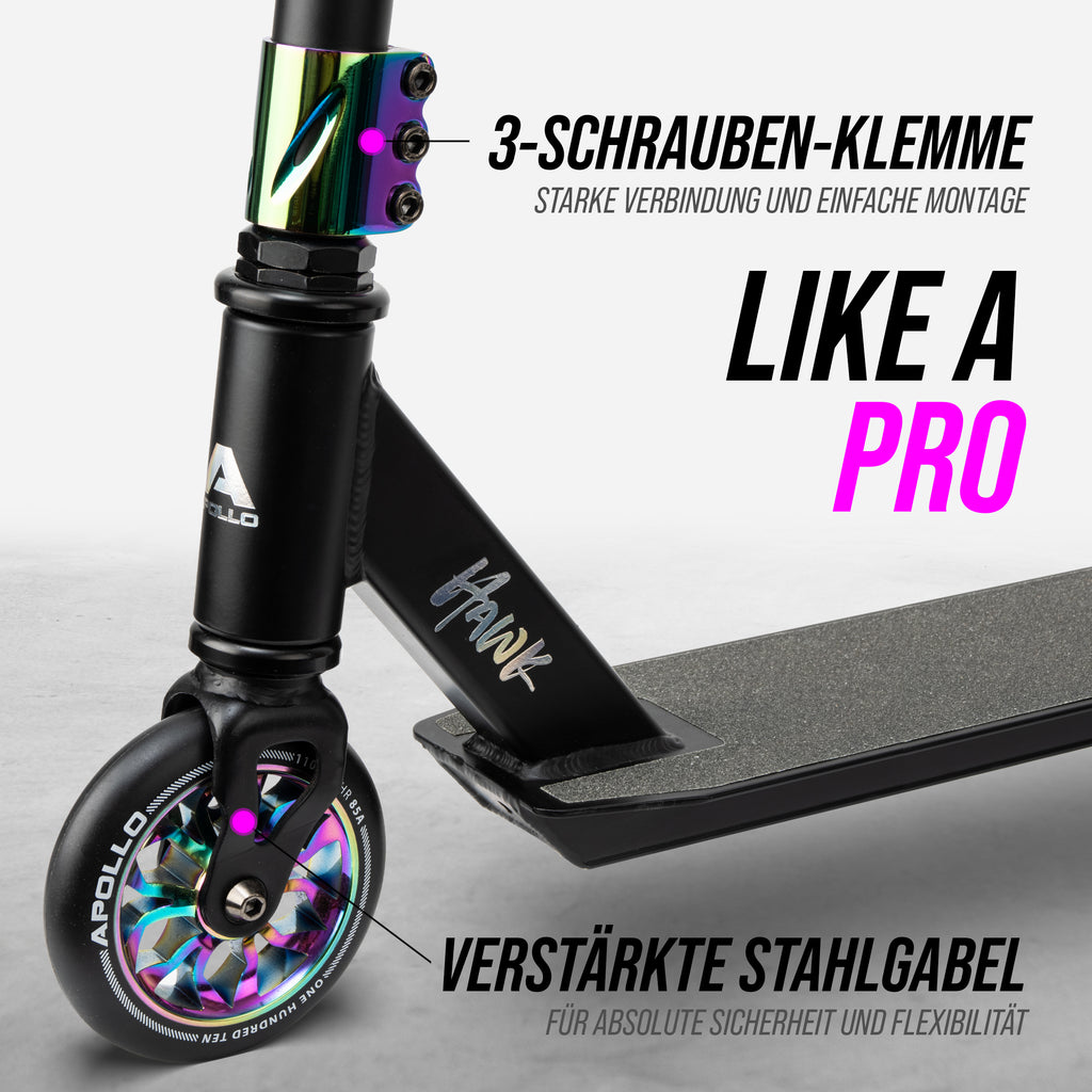 Apollo - Stuntscooter 'Hawk' - Freestyle Kickscooter für Kinder und Erwachsene - Schwarz Rainbow