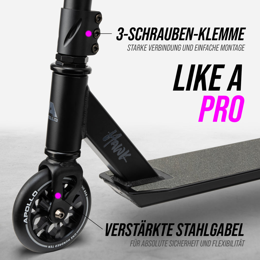 Apollo - Stuntscooter 'Hawk' - Freestyle Kickscooter für Kinder und Erwachsene - Schwarz