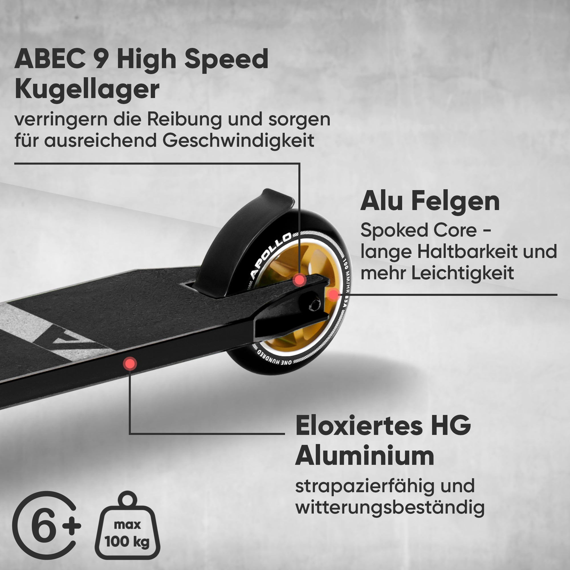 Apollo - Stunt Scooter - Star Pro - HighQuality eloxierter Profi Stunt Scooter - Schwarz Gold
