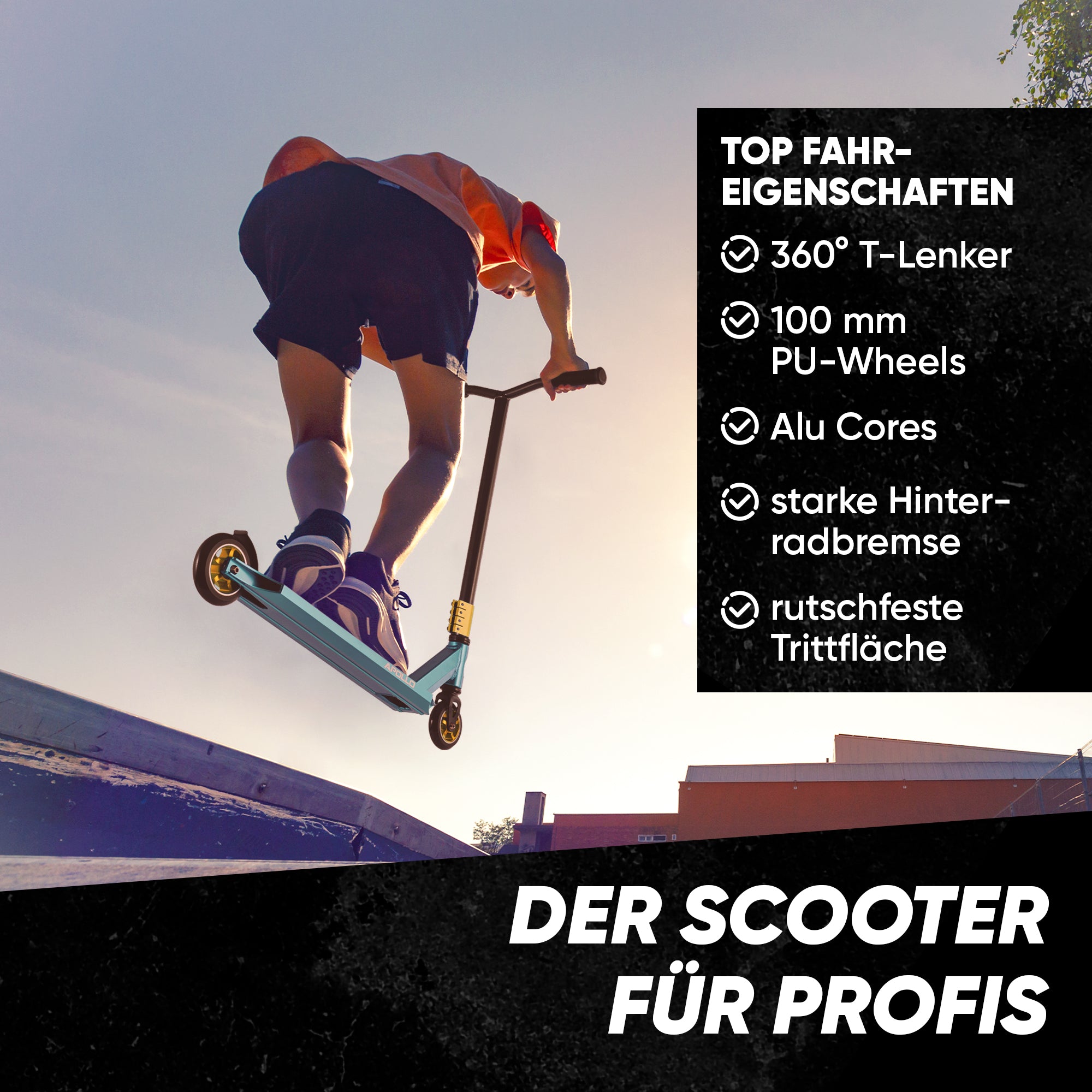 Apollo - Stunt Scooter - Star Pro - HighQuality eloxierter Profi Stunt Scooter - Schwarz Türkis Gold