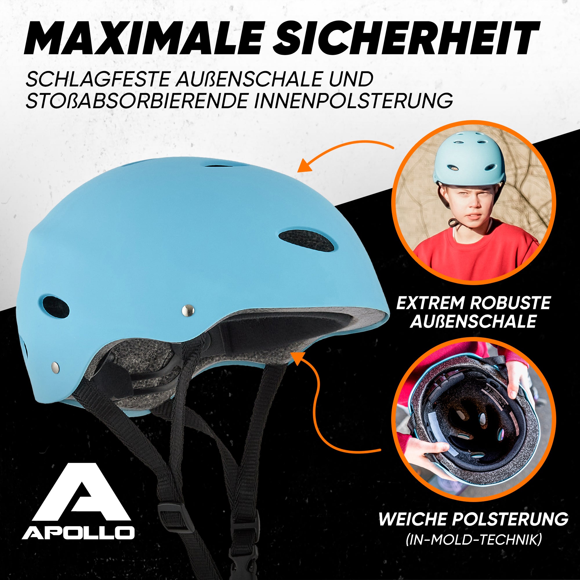 Apollo - Skatehelm, Multi Sport Helm Herren, Damen, Kinder, Kinderfahrradhelm verstellbar - Light Blue (Uni)