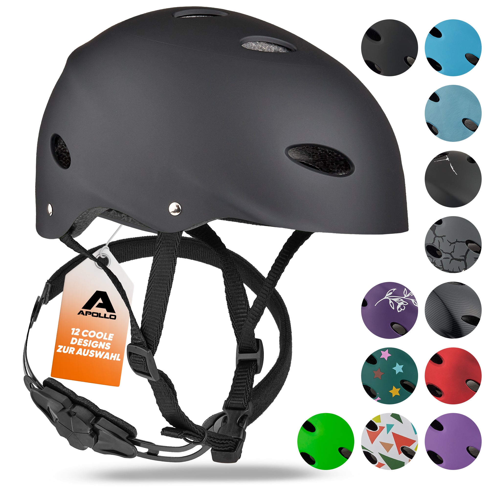 Apollo - Skatehelm, Multi Sport Helm Herren, Damen, Kinder, Kinderfahrradhelm verstellbar - Black