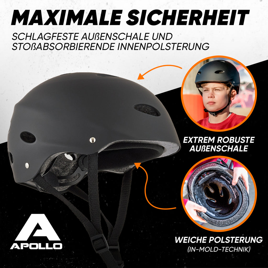 Apollo - Skatehelm, Multi Sport Helm Herren, Damen, Kinder, Kinderfahrradhelm verstellbar - Black