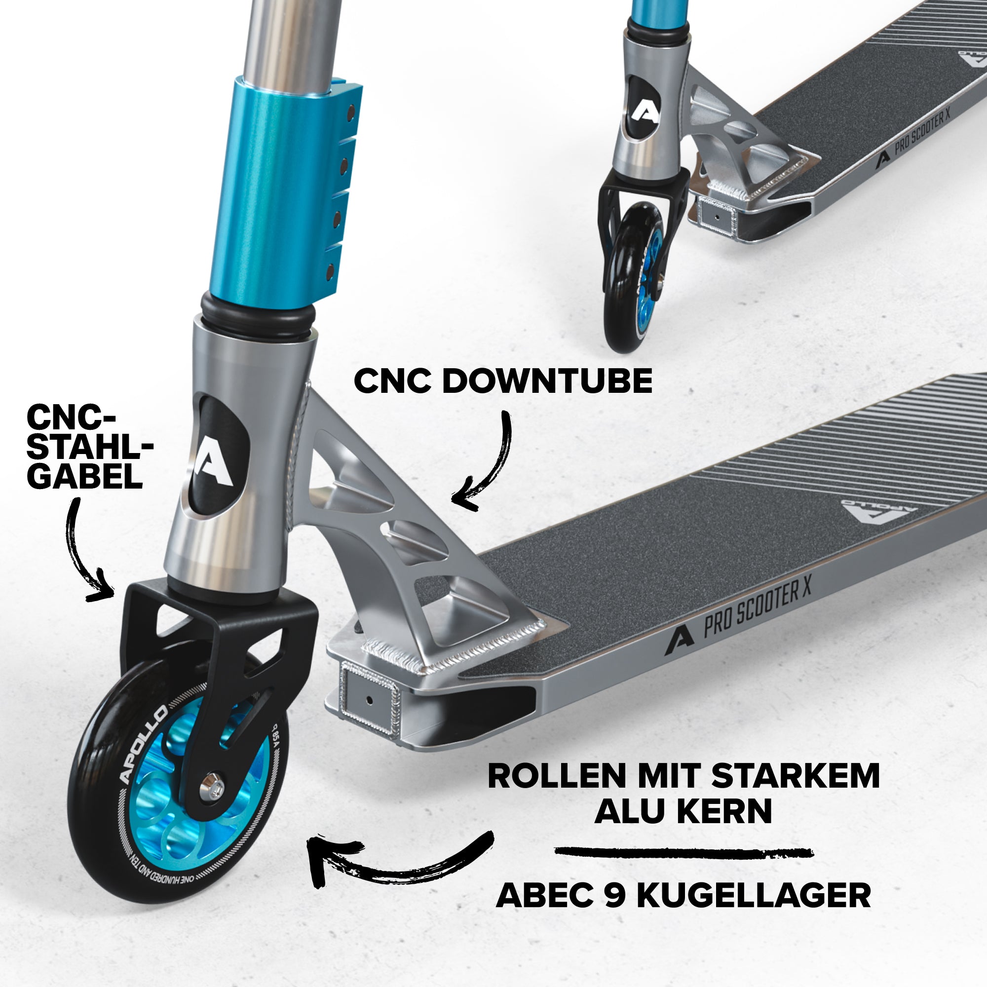 Apollo - High End Stunt Scooter - Genesis Pro X Stuntscooter mit ABEC 9 Kugellagern - Silber