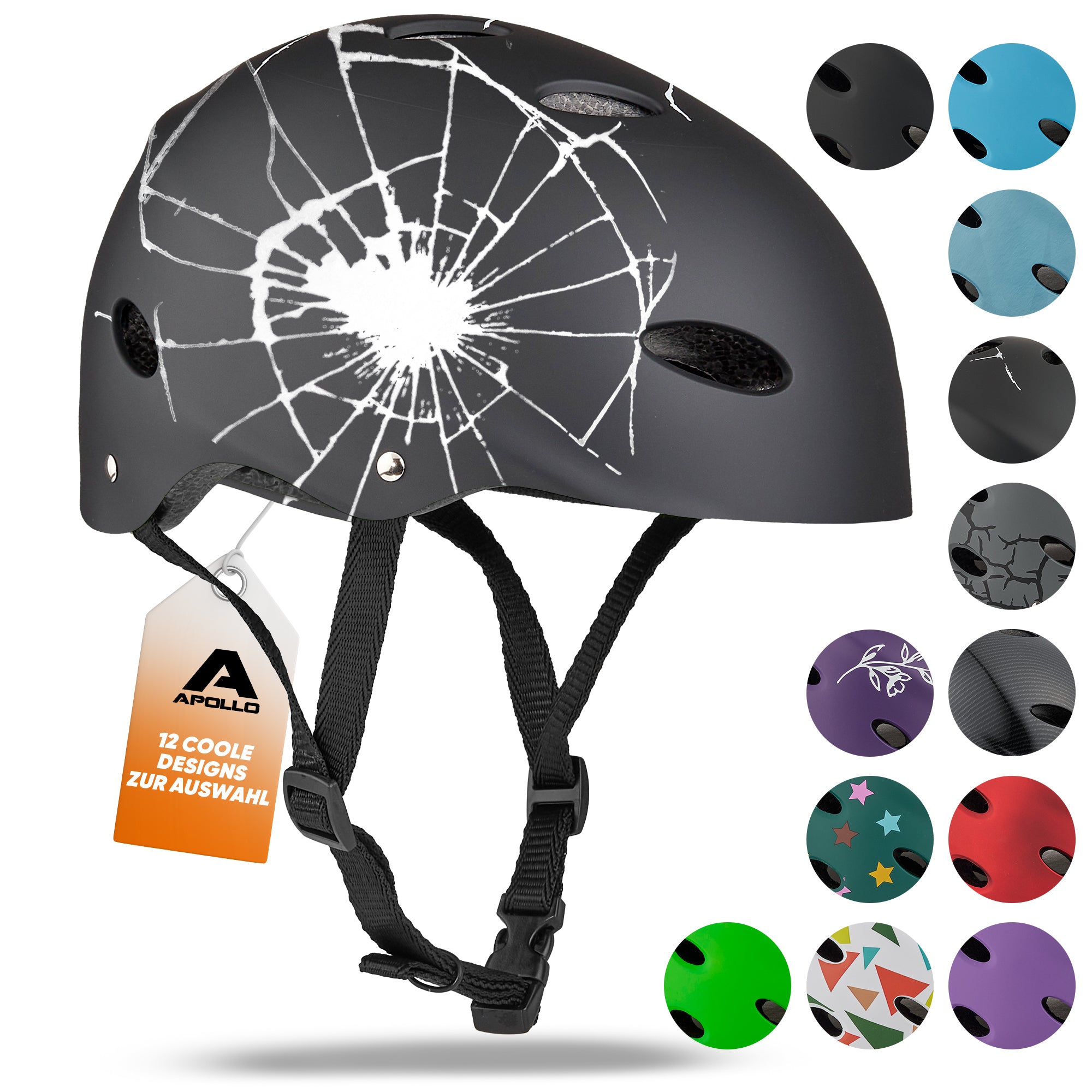 Apollo - Skatehelm, Multi Sport Helm Herren, Damen, Kinder, Kinderfahrradhelm verstellbar - Broken