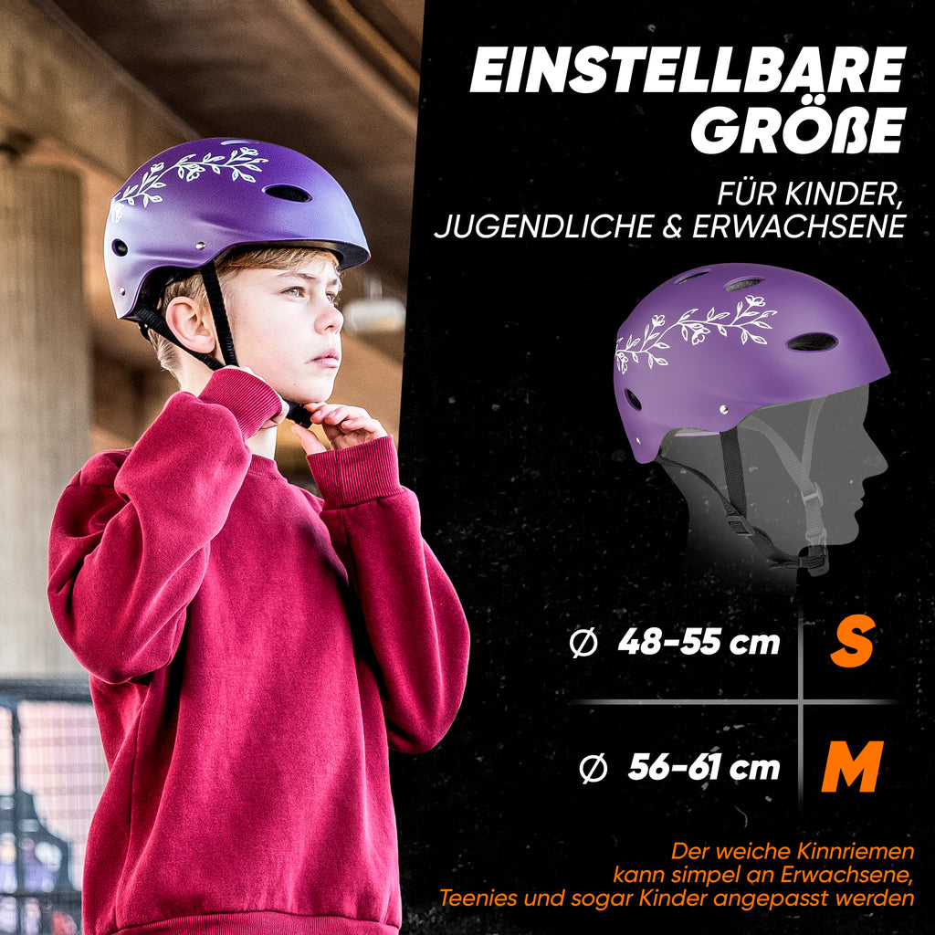 Apollo - Skatehelm, Multi Sport Helm Herren, Damen, Kinder, Kinderfahrradhelm verstellbar - Purple Flower