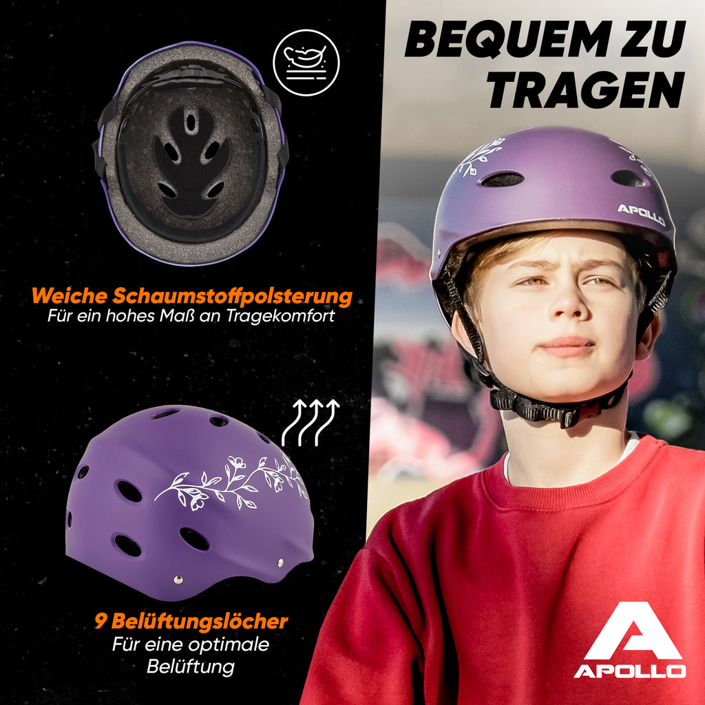Apollo - Skatehelm, Multi Sport Helm Herren, Damen, Kinder, Kinderfahrradhelm verstellbar - Purple Flower
